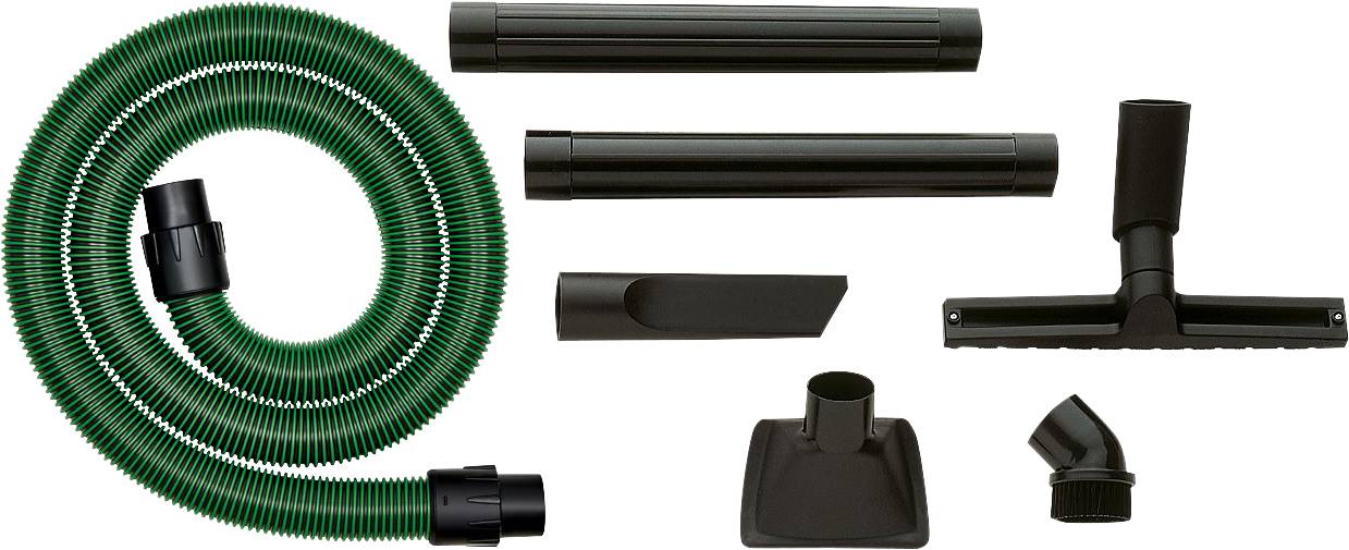 Staubsauger-Zubehörset mit grünem Schlauch, Verlängerungsrohren, Fugendüse, Bodendüse und Bürste, konzipiert für vielseitige Reinigungsaufgaben.