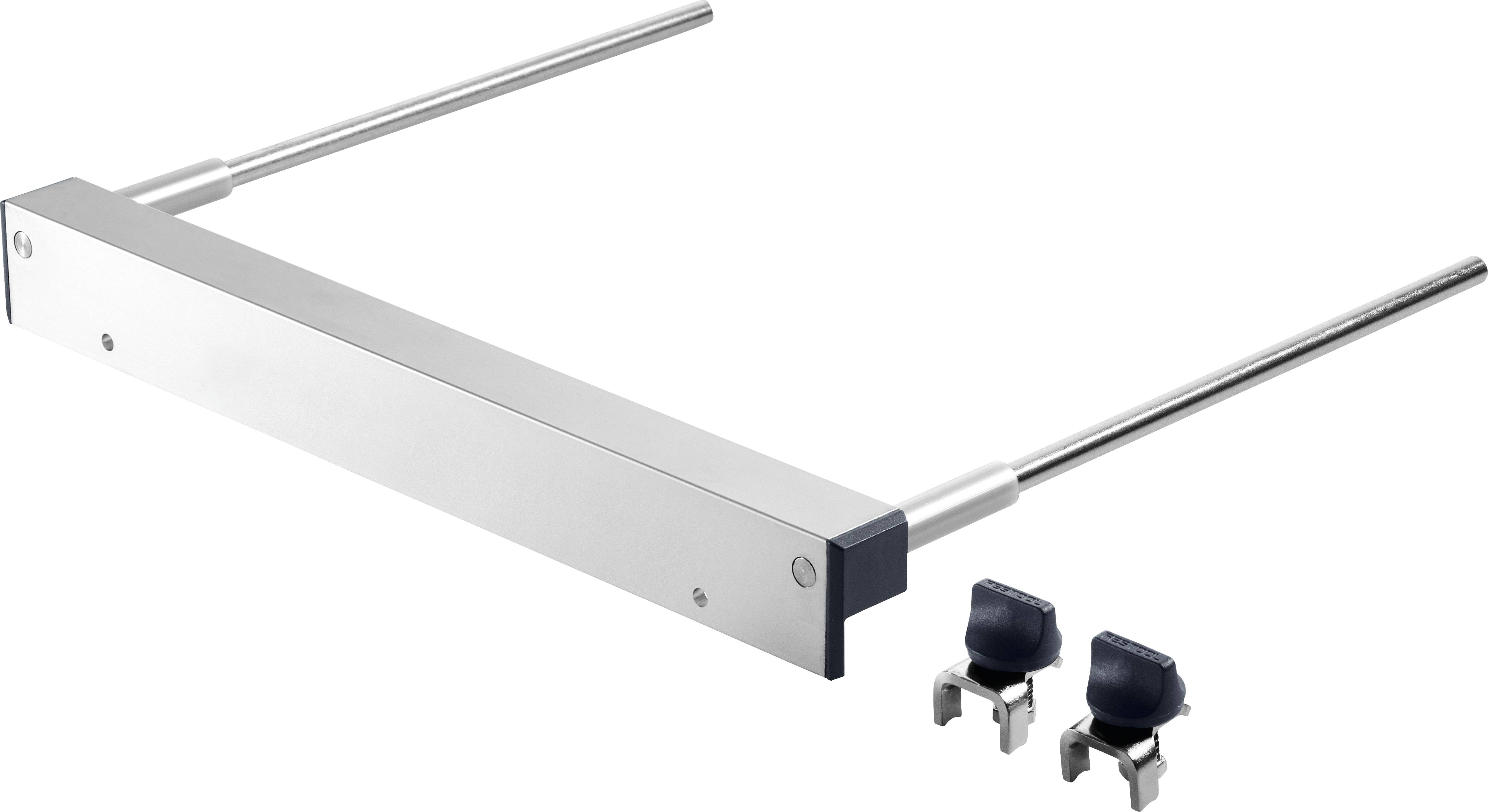 Rechteckiger Metallstab mit zwei langen Halterungen, wahrscheinlich ein Strukturbauteil. Enthält zwei kleine schwarze Klemmen, was auf Verwendung bei der Montage hindeutet.