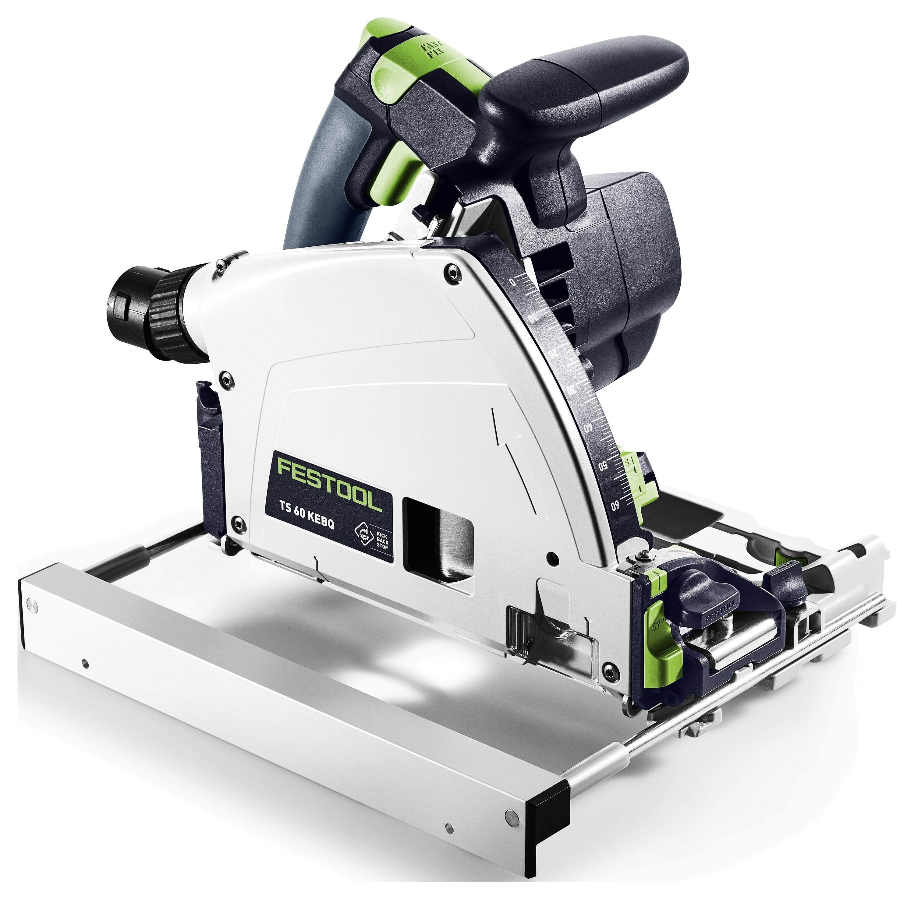 Eine Festool TS 60 KEBQ Tauchsäge mit einem Weiß-Schwarz-Design und grünen Akzenten, die auf einer ebenen Fläche präsentiert wird.