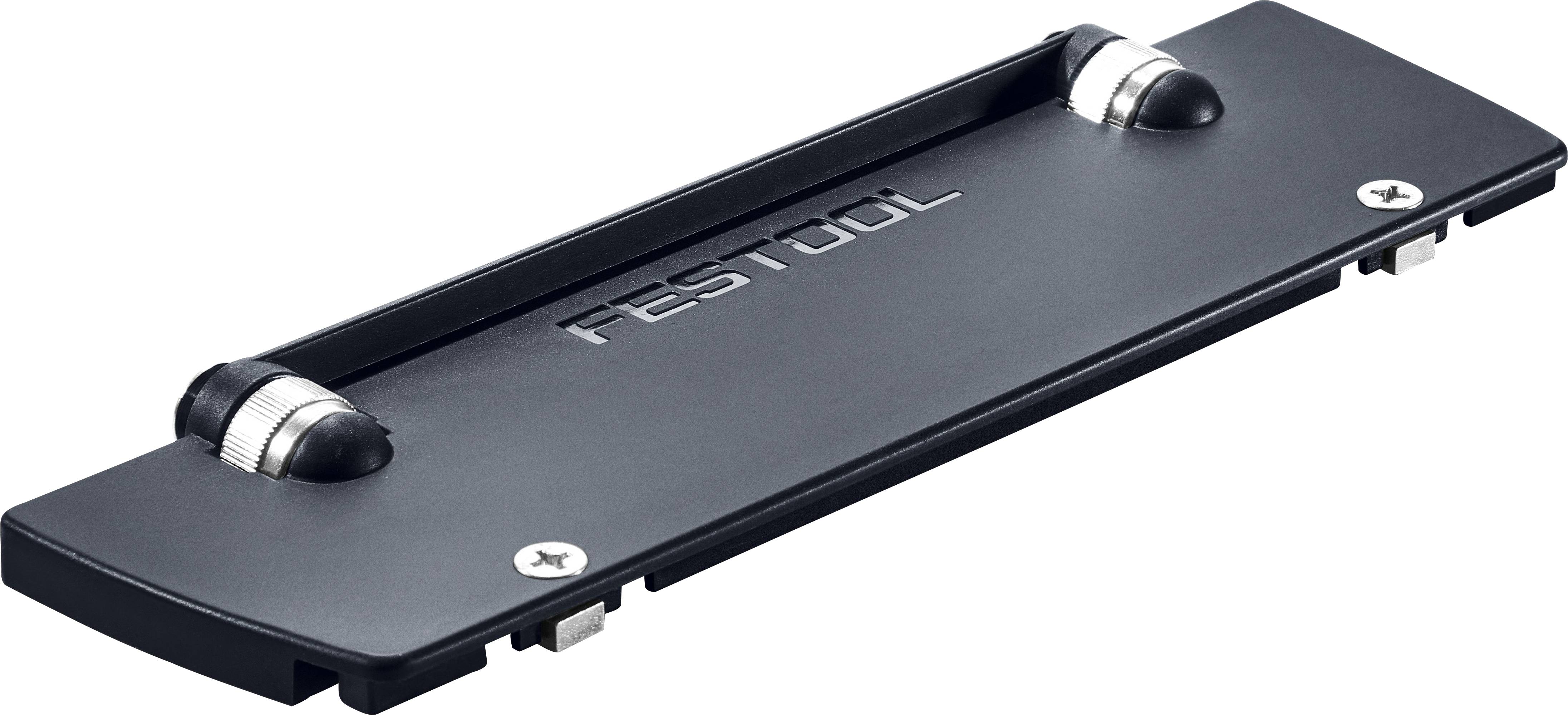 Eine schwarze Festool-Werkzeugsystem-Adapterplatte mit zwei verstellbaren Knöpfen und einer strukturierten Oberfläche, die für Befestigungs- und Einstellungszwecke konzipiert ist.