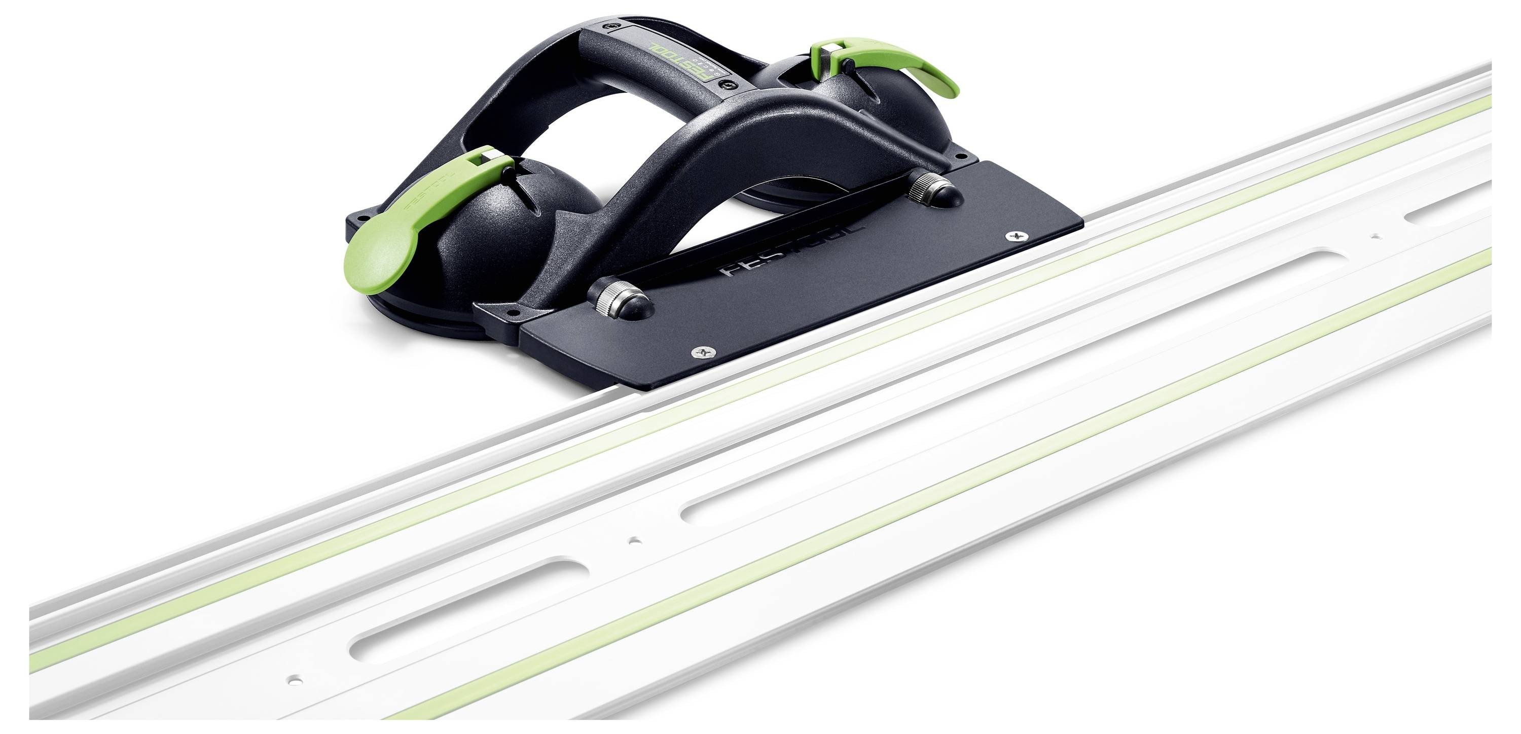 Ein Schienensägen-Führungssystem mit Griff und grünen Akzenten, das zur präzisen und geraden Bearbeitung von Materialien verwendet wird.