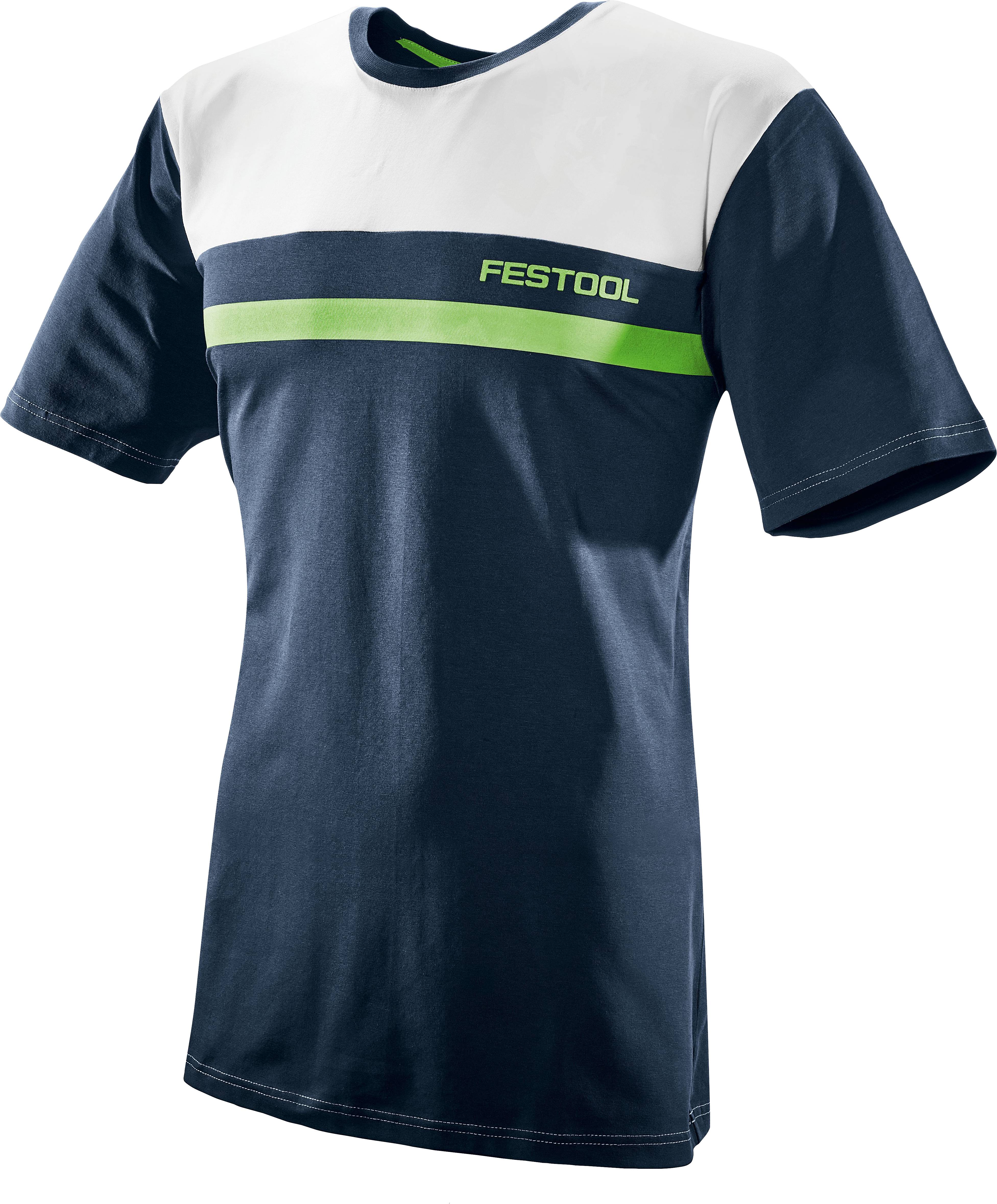 Dunkelblau und weiß gestreiftes T-Shirt mit einem grünen Streifen über der Brust und 