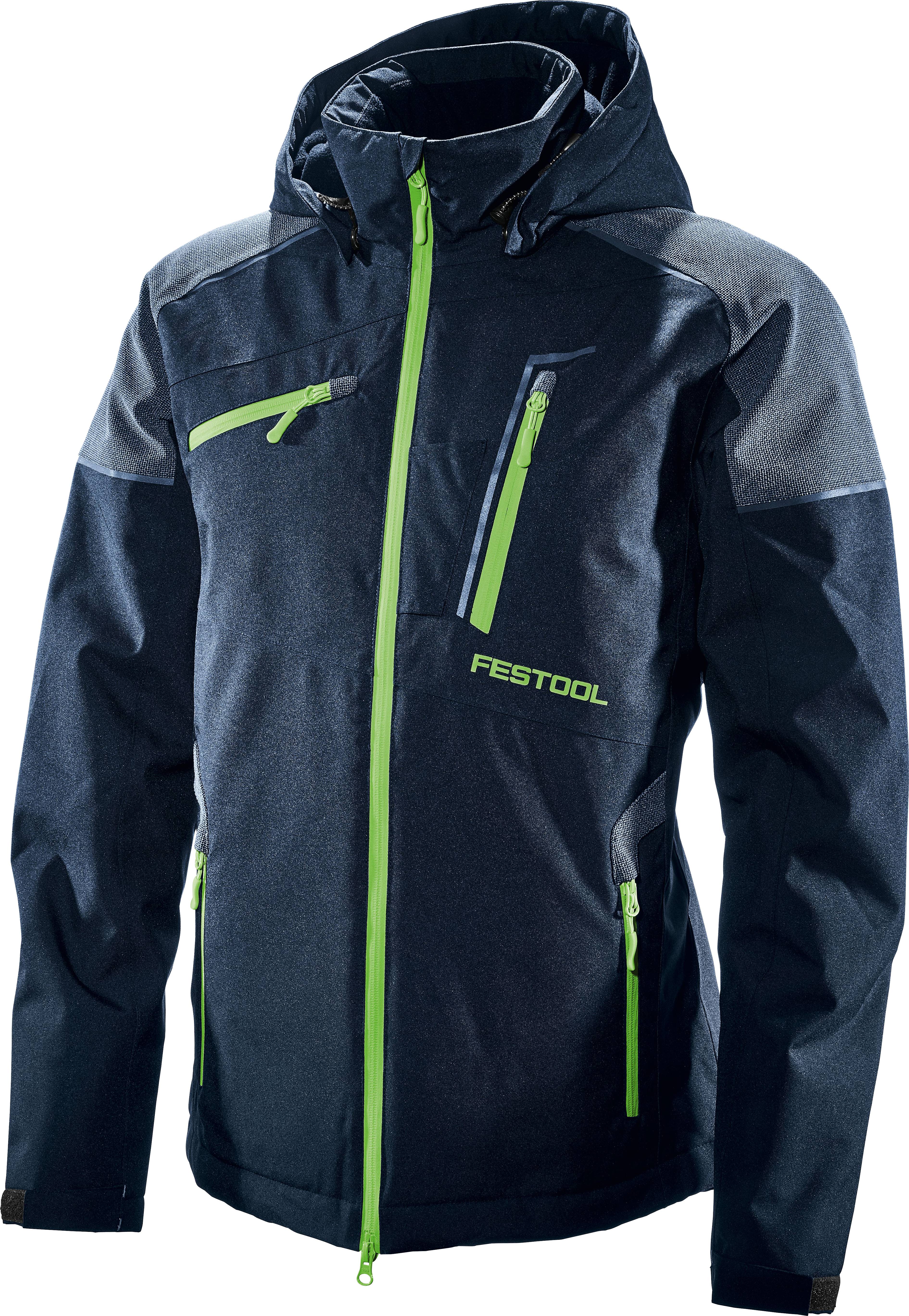 Eine dunkelblau Jacke mit einem Frontreißverschluss, mehreren Reißverschlusstaschen und dem „Festool