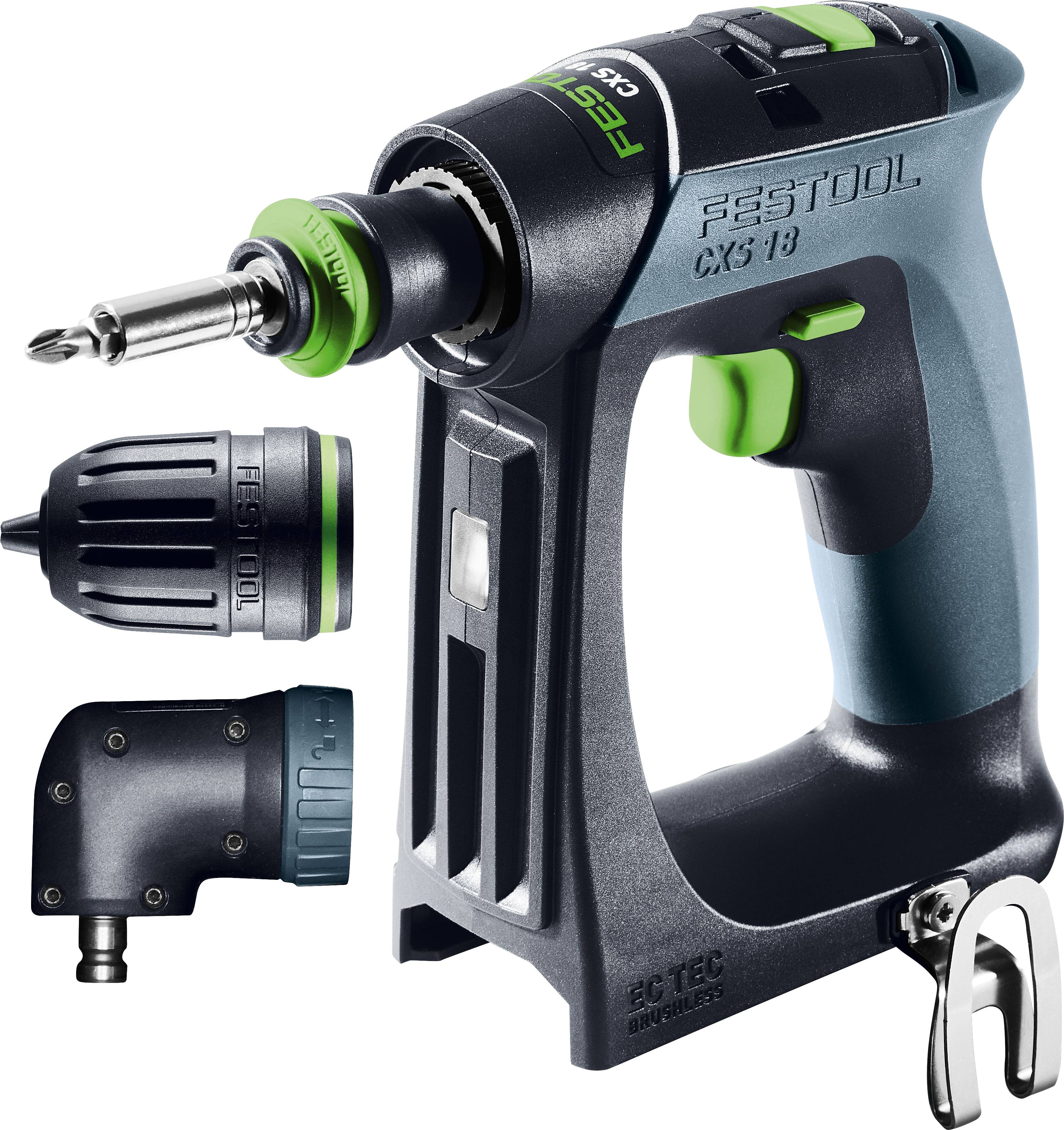 Ein kabelloses Bohrgerät mit ergonomischem Griff und mehreren Aufsätzen, einschließlich eines Winkeladapters und einer Bohrfutter, mit der Marke 
