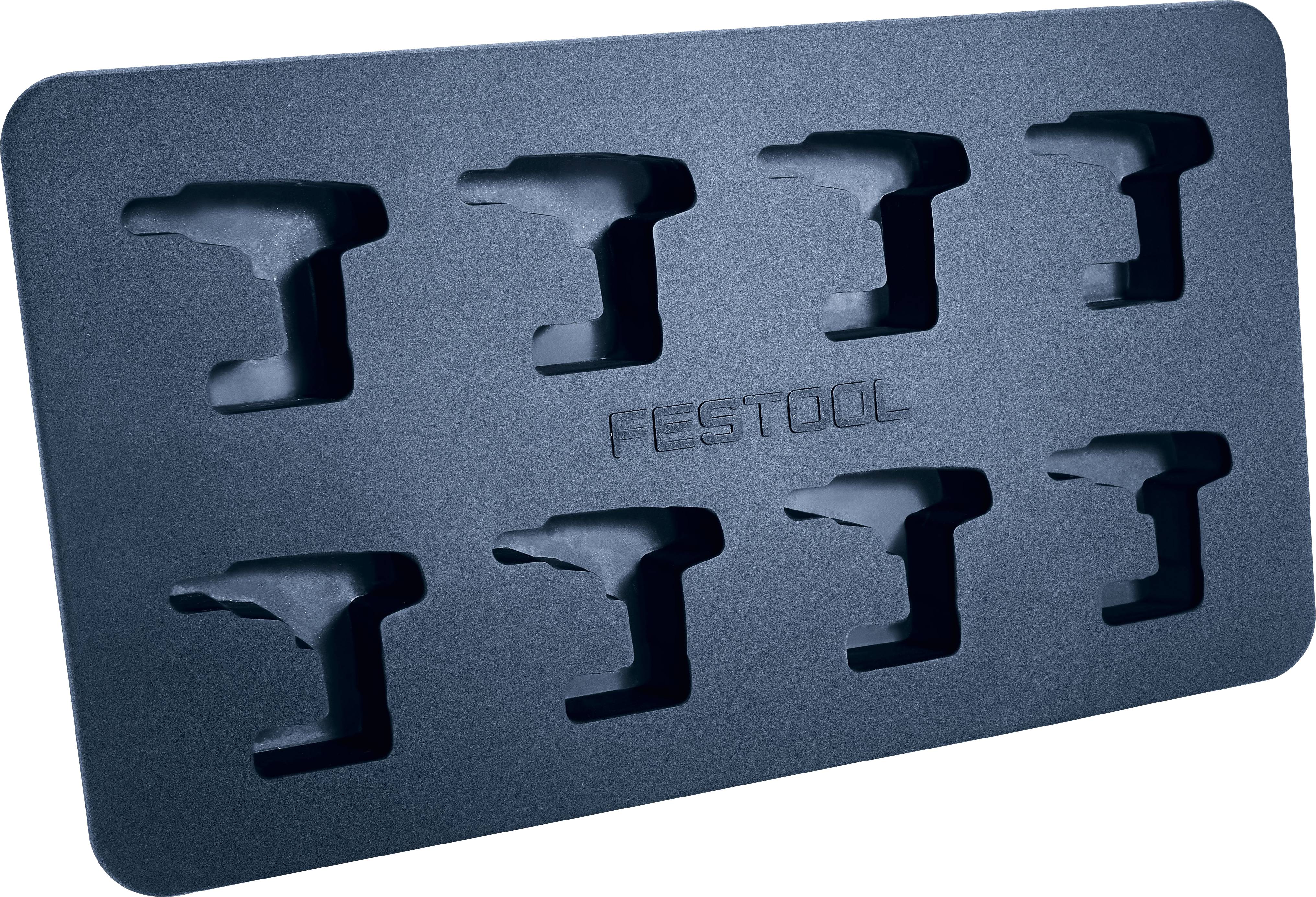 Ein rechteckiger Schaumstoffeinsatz mit acht Ausschnitten in der Form von Bohrmaschinengriffenen, in der Mitte mit der Marke „Festool