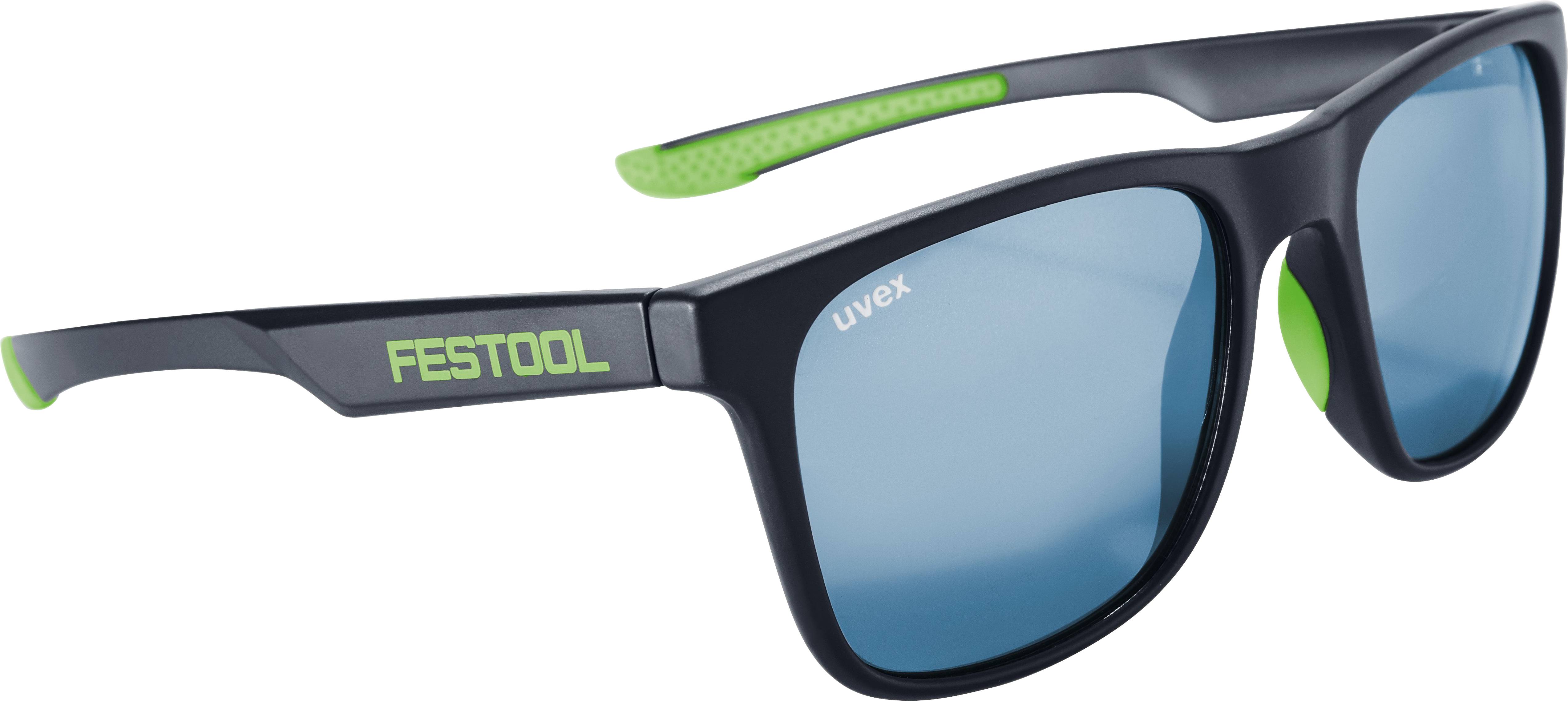 Schwarze und grüne Sonnenbrille mit blauen Gläsern und 