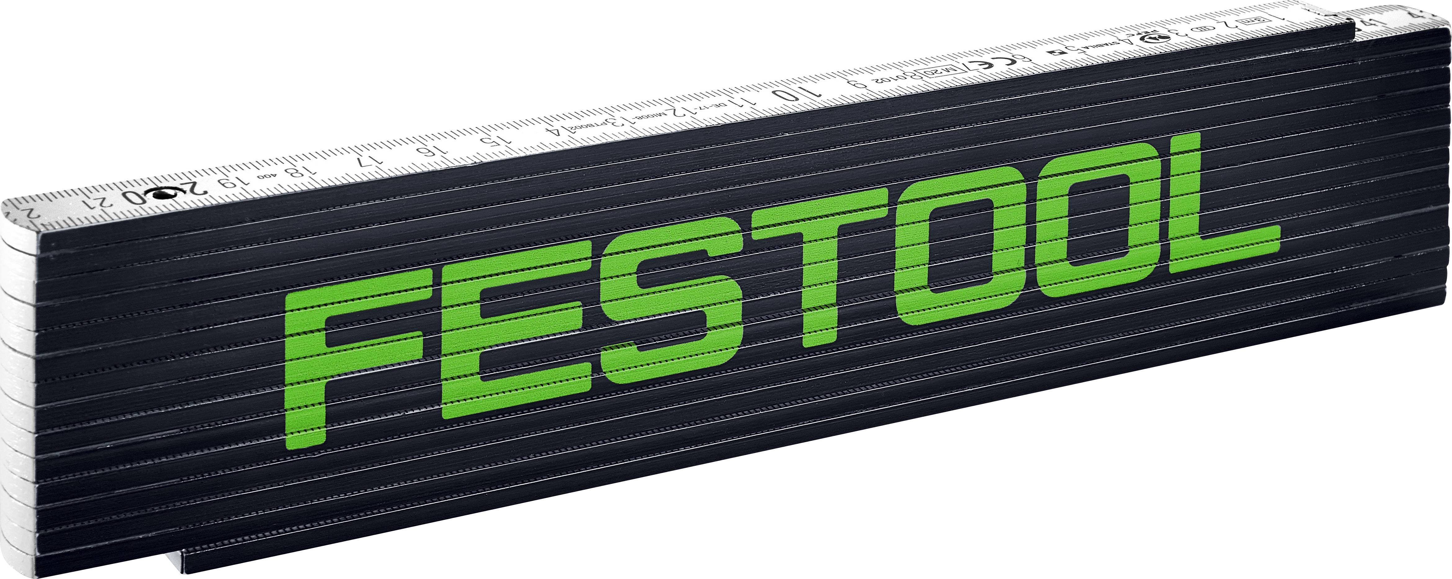 Ein schwarzes Zollstab zum Zusammenklappen mit dem Wort 'Festool' in grünen Buchstaben an der Seite, ausgeklappt und zeigend Messskalen in Zentimetern.