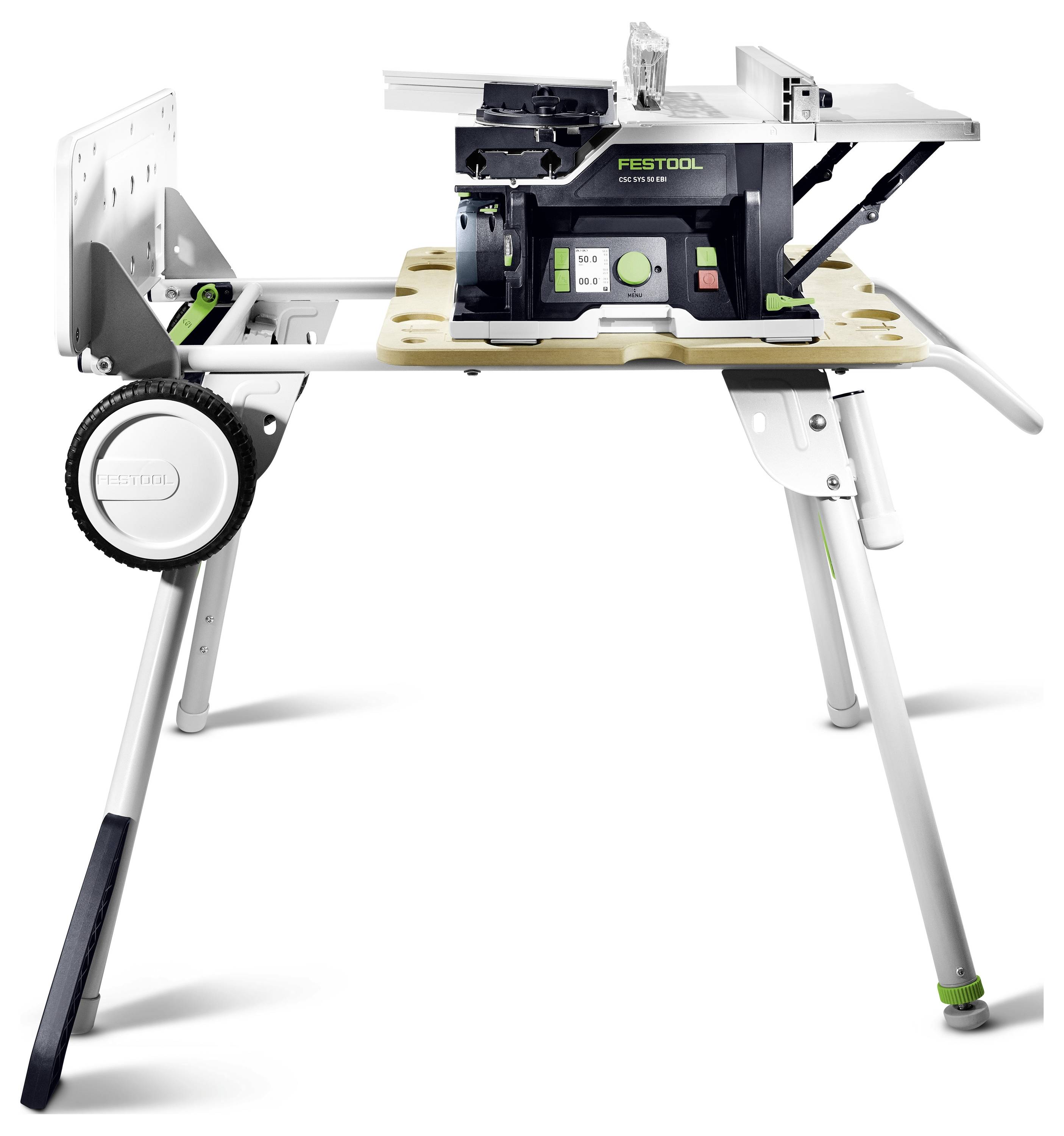 A portable saw table with a black and green Festool saw mounted on top, equipped with adjustable white legs for stability.