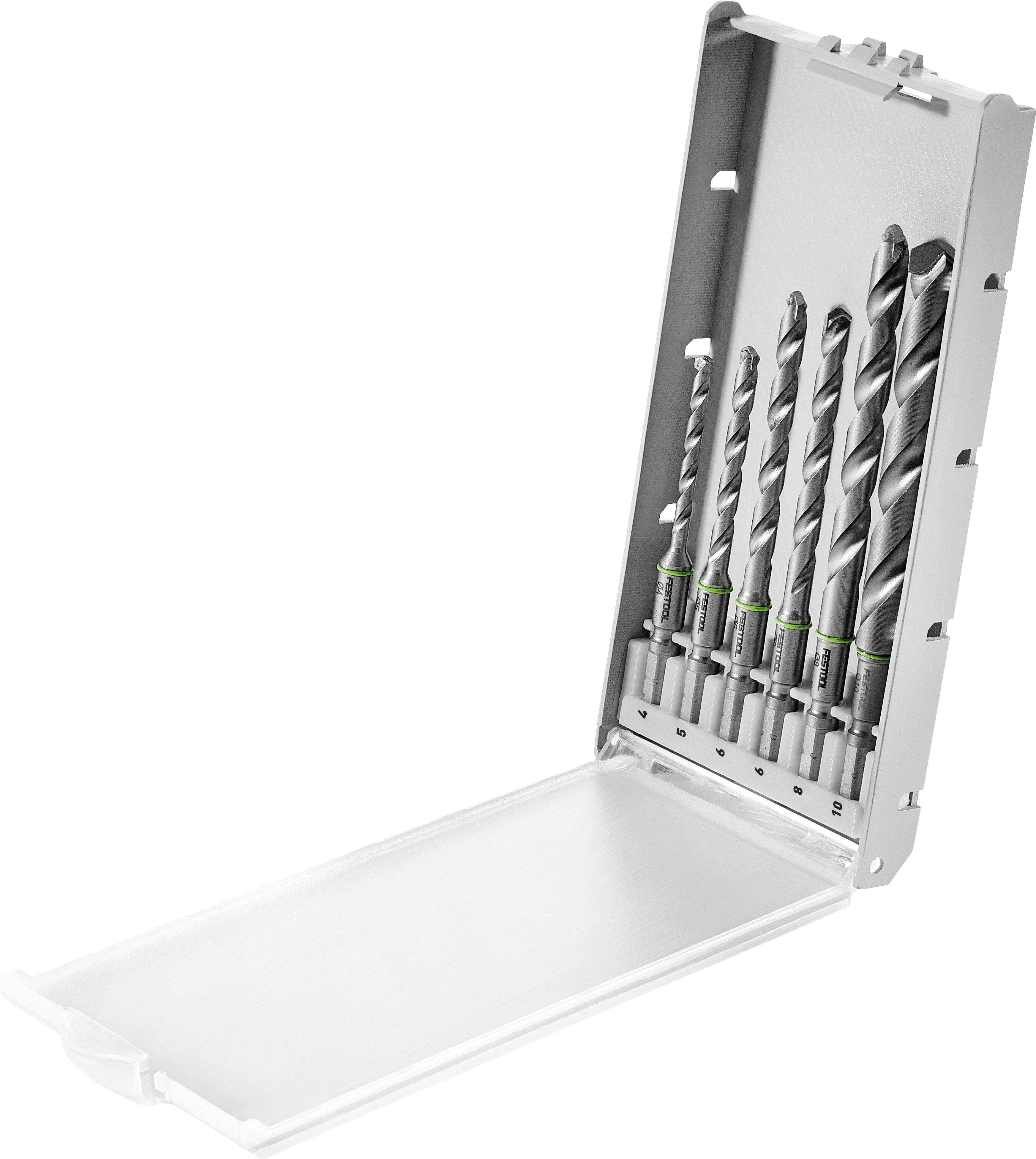 Ein Satz aus sechs Metallbohrern in verschiedenen Größen, ordentlich in einem offenen silbernen Koffer angeordnet, geeignet für verschiedene Bohraufgaben.