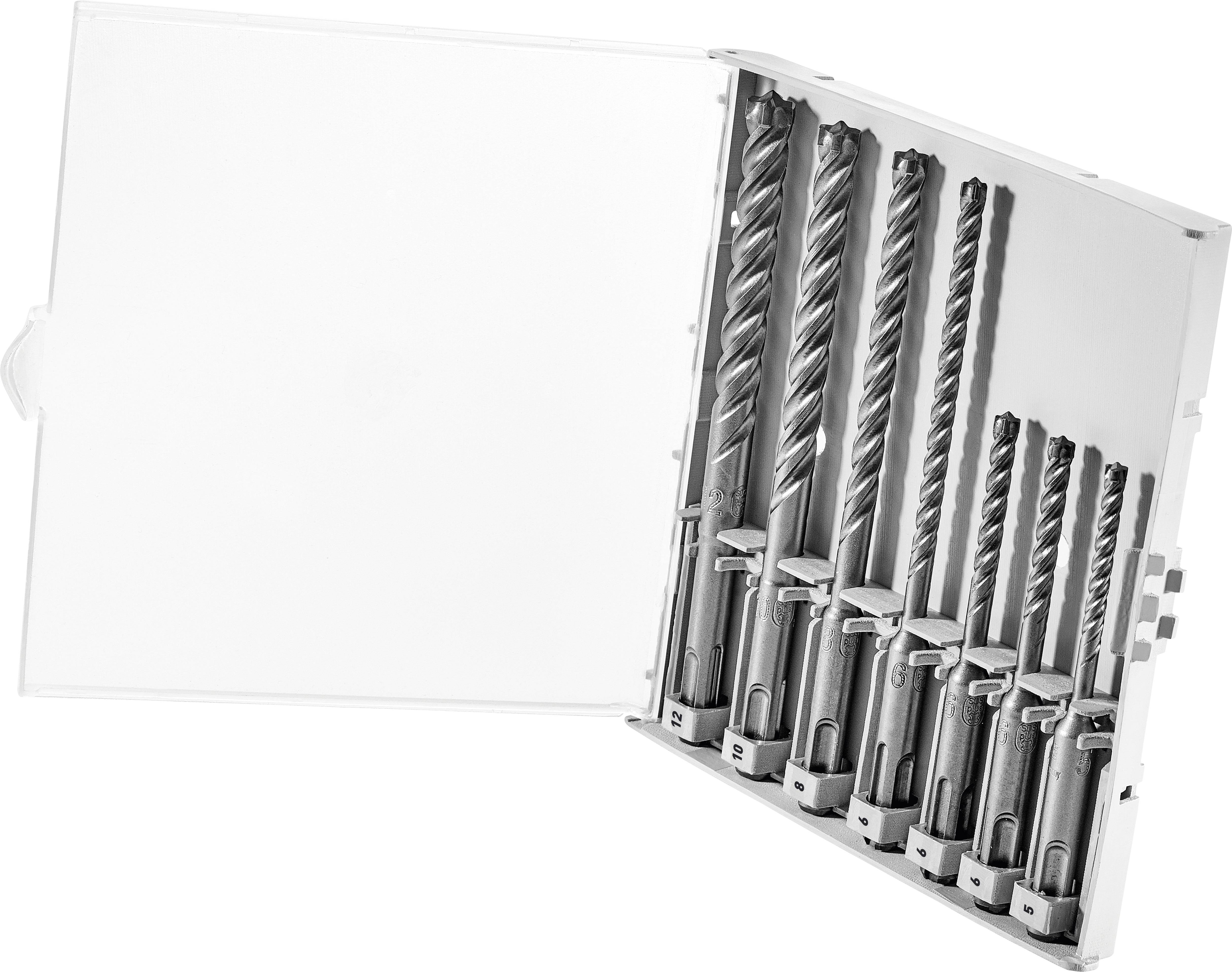 Satz von Bohrern, nach Größe sortiert in einem offenen weißen Koffer.