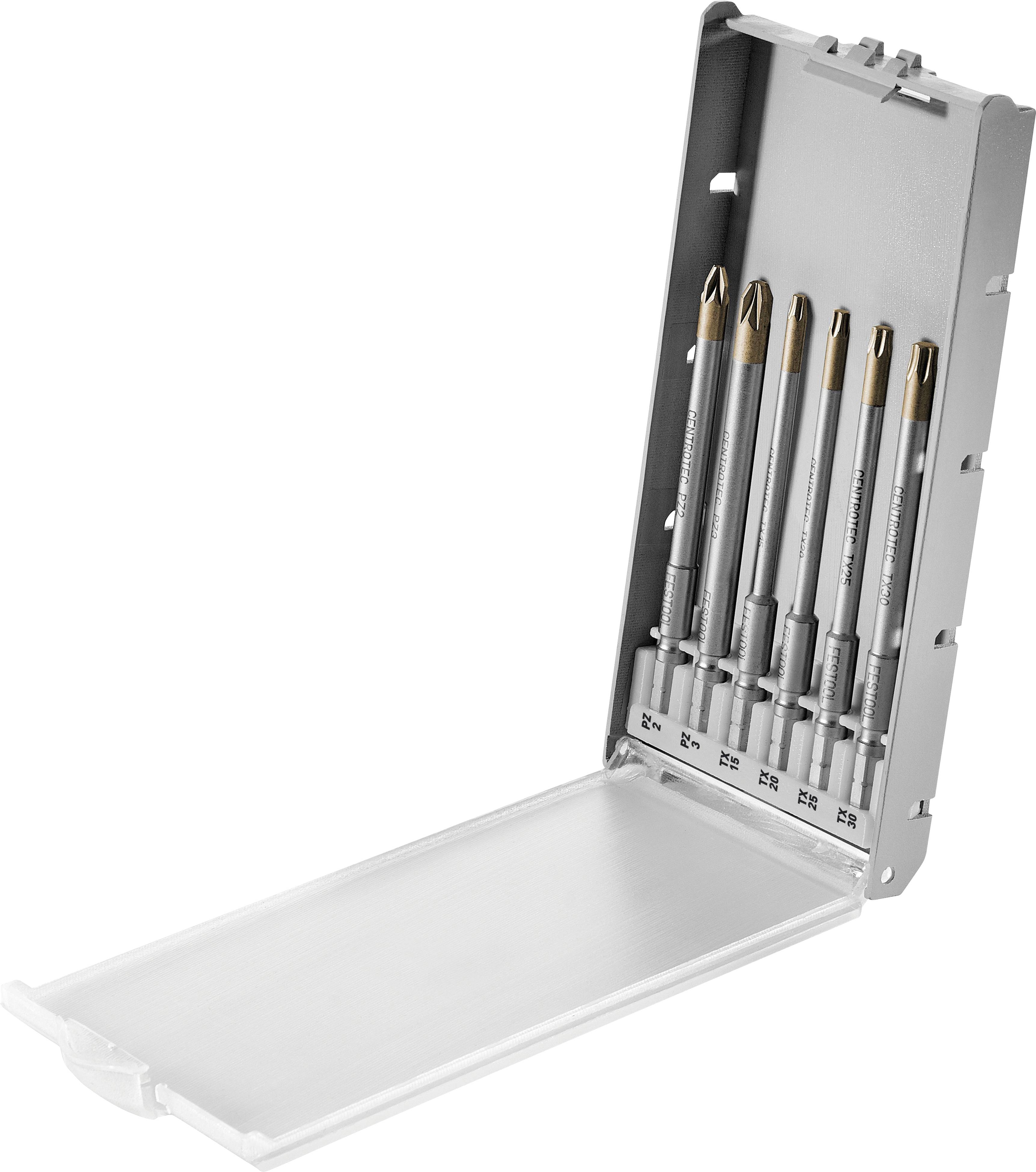 Satz von fünf Schraubendreherköpfen in einem offenen Metallkasten, jeder Schlitz mit einem Größencode beschriftet, vor einem einfachen Hintergrund gezeigt.