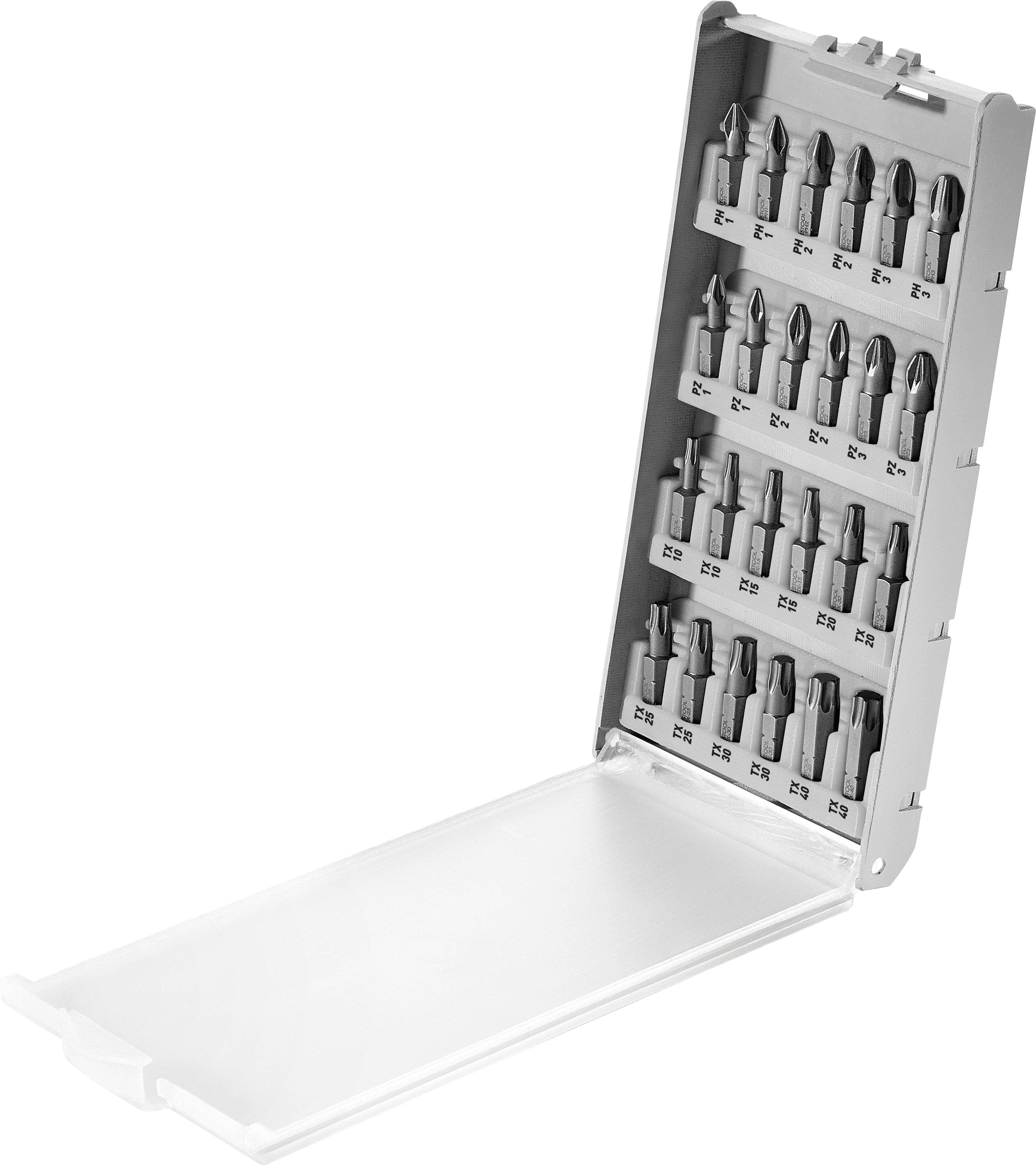 Ein offenes Etui, das einen Satz von 18 Metallschraubendreher-Aufsätzen zeigt, die in zwei Reihen angeordnet sind, jeder mit eingravierter Größenkennzeichnung, auf weißem Hintergrund.