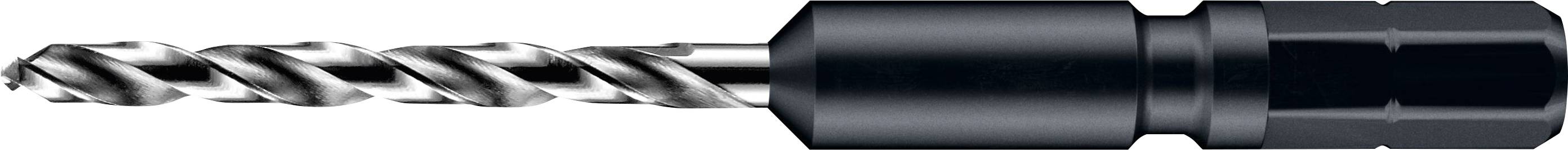 Ein Nahaufnahmebild eines verdrehten Bohrers mit einem zylindrischen Ende, das sein metallisches Spiralmuster und die schwarze Verlängerung zeigt.