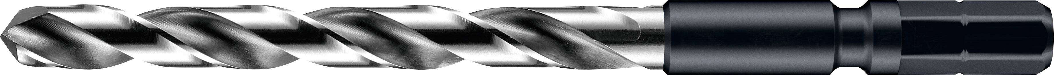 Ein metallischer Bohrer mit spiralförmigen Nuten und einer schwarzen Basis, der zum Bohren von Löchern in Materialien verwendet wird.