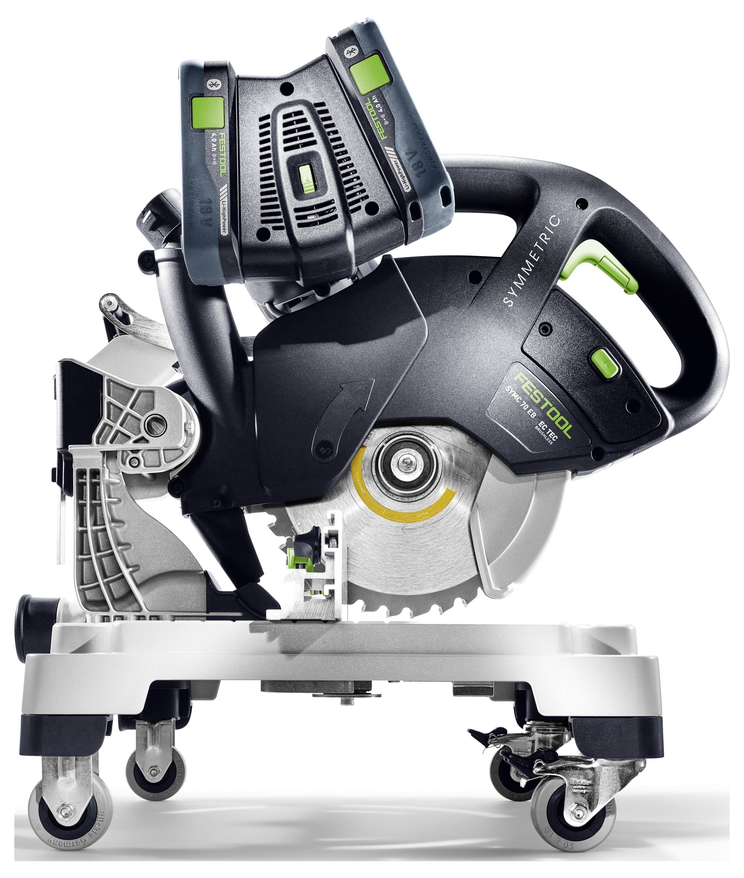 Eine kompakte, fahrbare Kreissäge mit schwarzen und grünen Details, die mit 