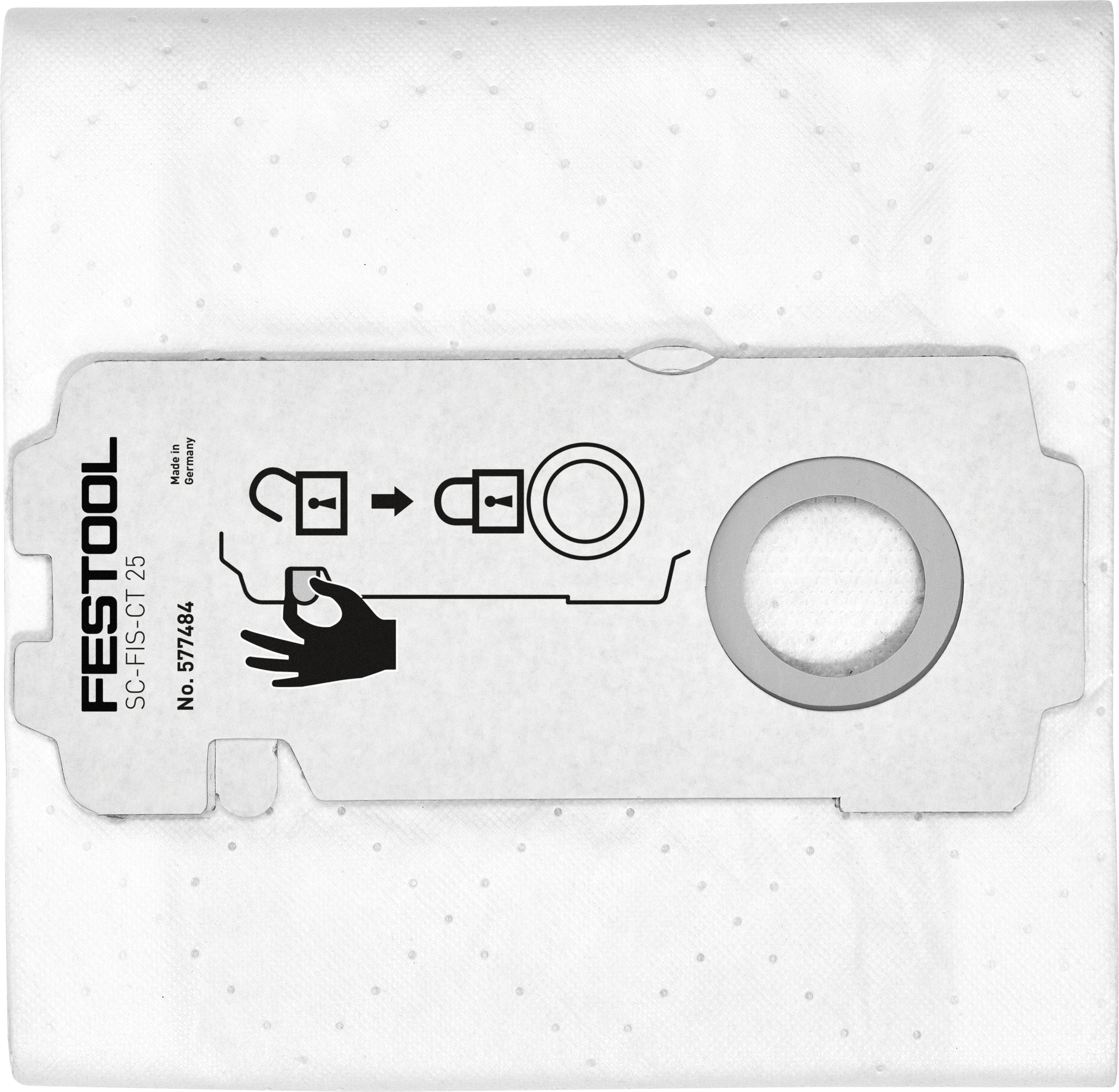 Staubbeutel mit Anweisungen zur Installation in einem Werkzeug, mit einem Bild eines Steckers und einer kreisförmigen Befestigungsstelle.