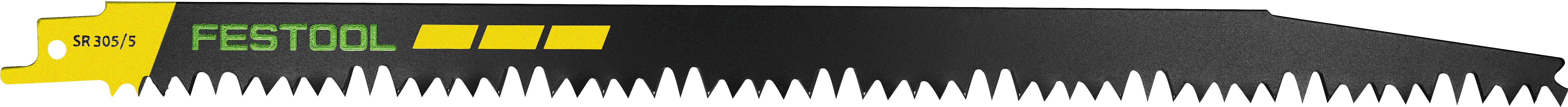 Ein schwarzes Festool-Säbelsägeblatt mit gelbem und grünem Logo; die Zähne sind scharf und für das Schneiden von Holz oder ähnlichen Materialien konzipiert.