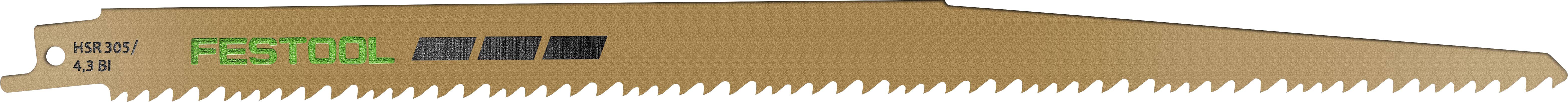 Eine Nahaufnahme eines Festool-Sägeblatts mit gezahnten Kanten, geeignet zum Holzschneiden. Das Sägeblatt hat eine braune Oberfläche mit dem Markennamen.