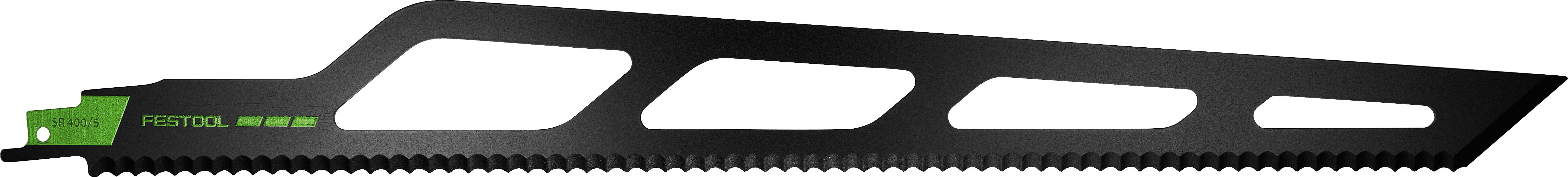 Eine schwarze Festool Fine Cut Sägeblatt mit einem grünen Etikett, mit drei großen Ausschnitten und feinen Zähnen entlang der unteren Kante.