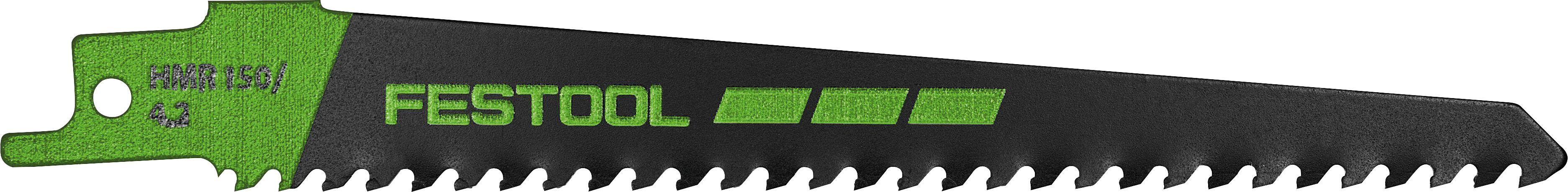 Ein grün und schwarz gefärbtes Festool-Sägeblatt mit Sägezahn, beschriftet mit „FESTOOL