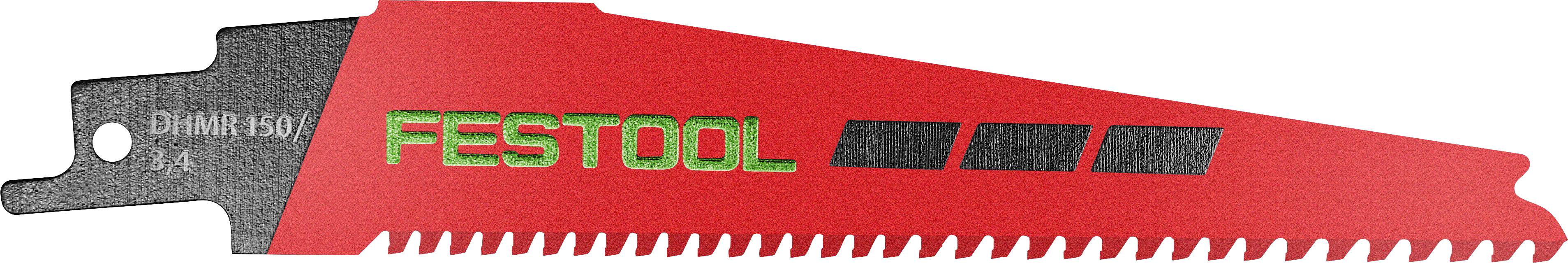 Eine rote Festool-Sägeblatt mit Sägeschliff und drei schwarze Rechtecke.