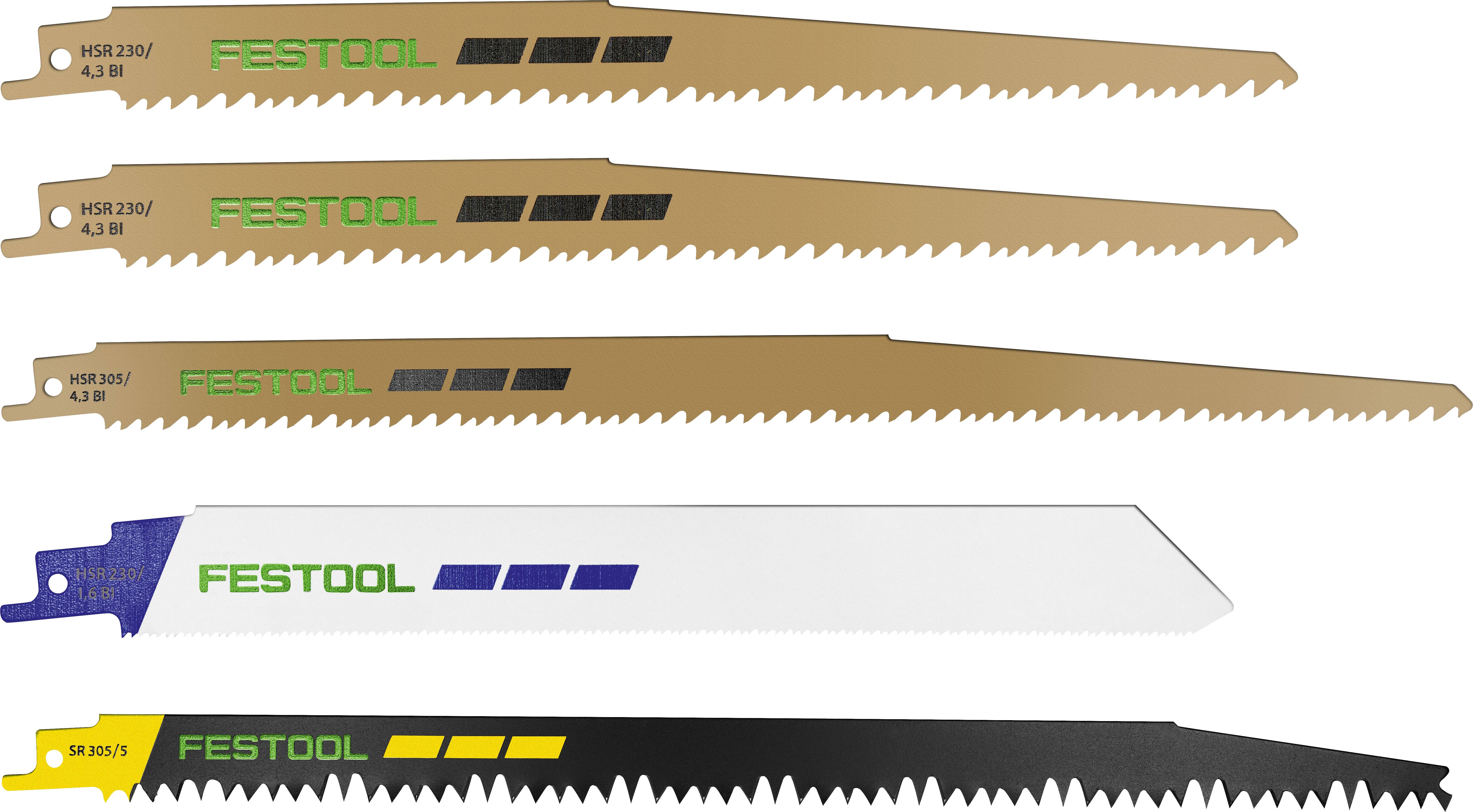 Fünf Stichsägeblätter von Festool, jedes mit unterschiedlichen Zahnmustern und Farben für verschiedene Schnittanwendungen, horizontal angeordnet.