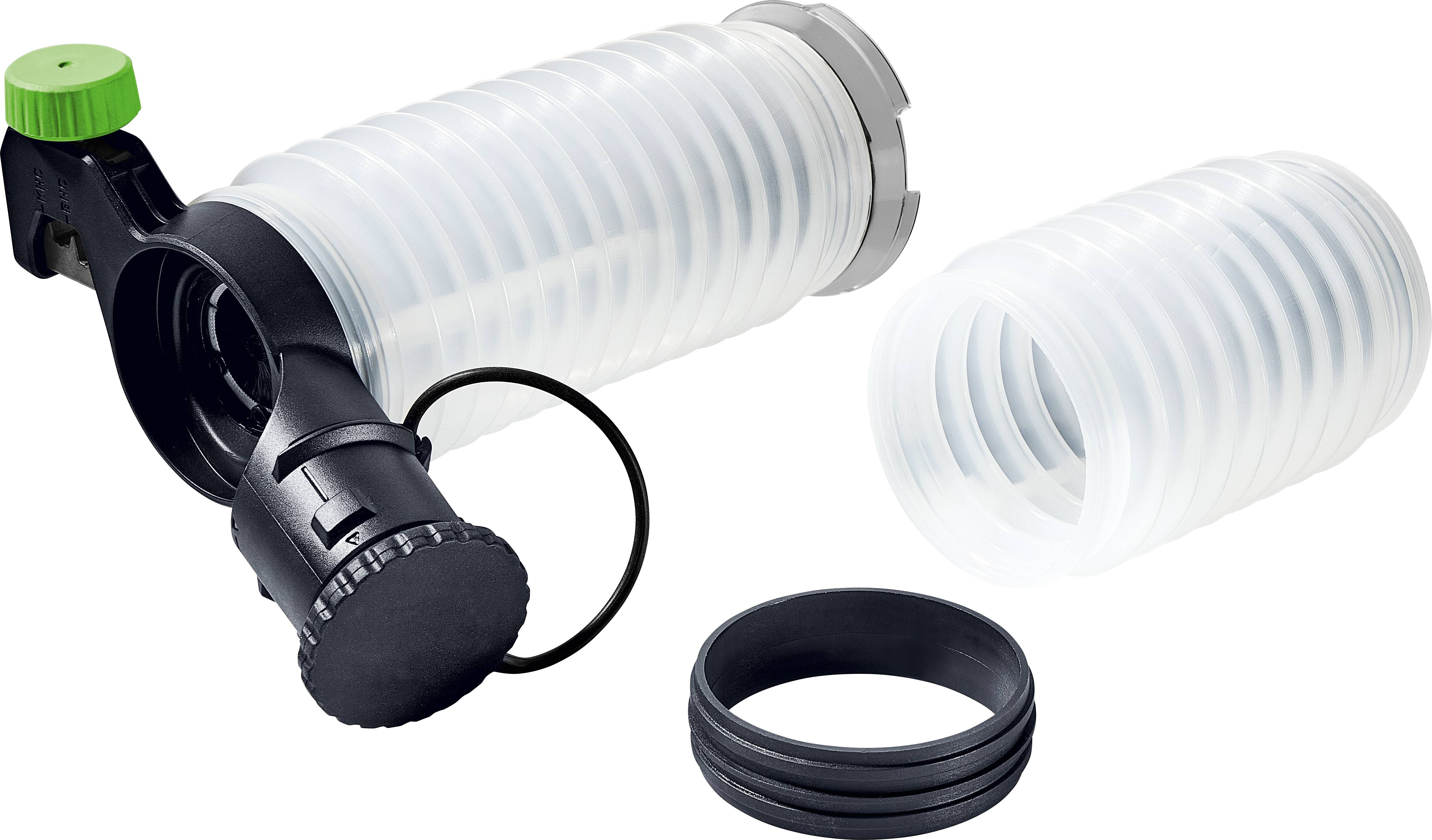 Ein klares, flexibles Rohr mit einem schwarzen Ventil und einer grünen Kappe, zusammen mit einem abgelösten Abschnitt und einem Gummiering, möglicherweise Teil eines manuellen Geräts.