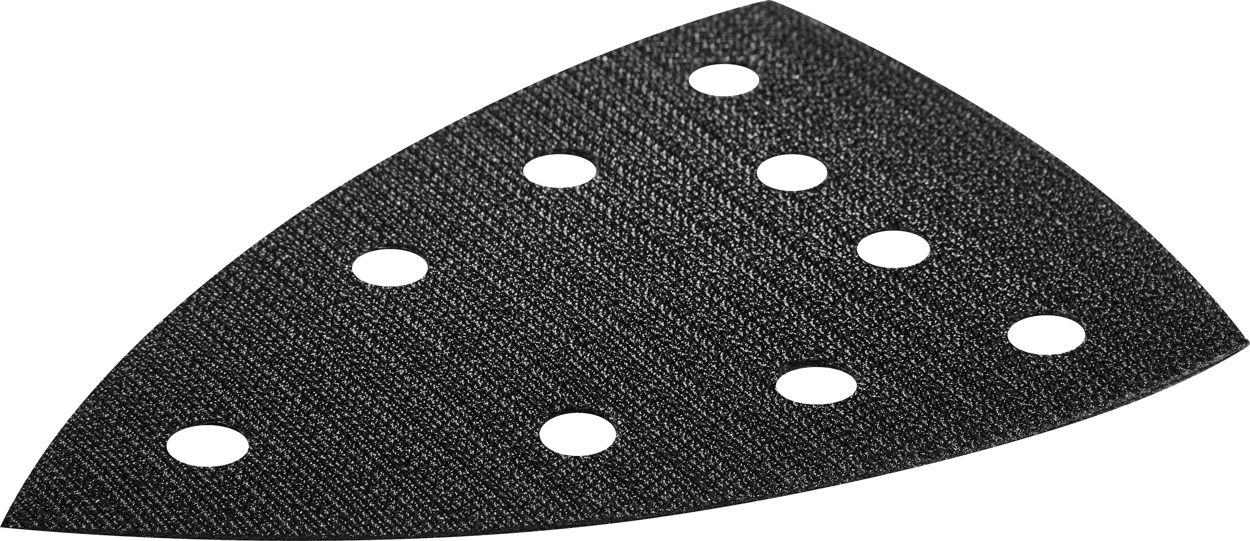 Ein schwarzes dreieckiges Schleifblatt mit acht kreisförmigen Löchern, die in einem symmetrischen Muster angeordnet sind, zur Befestigung an einem Schleiferwerkeug.