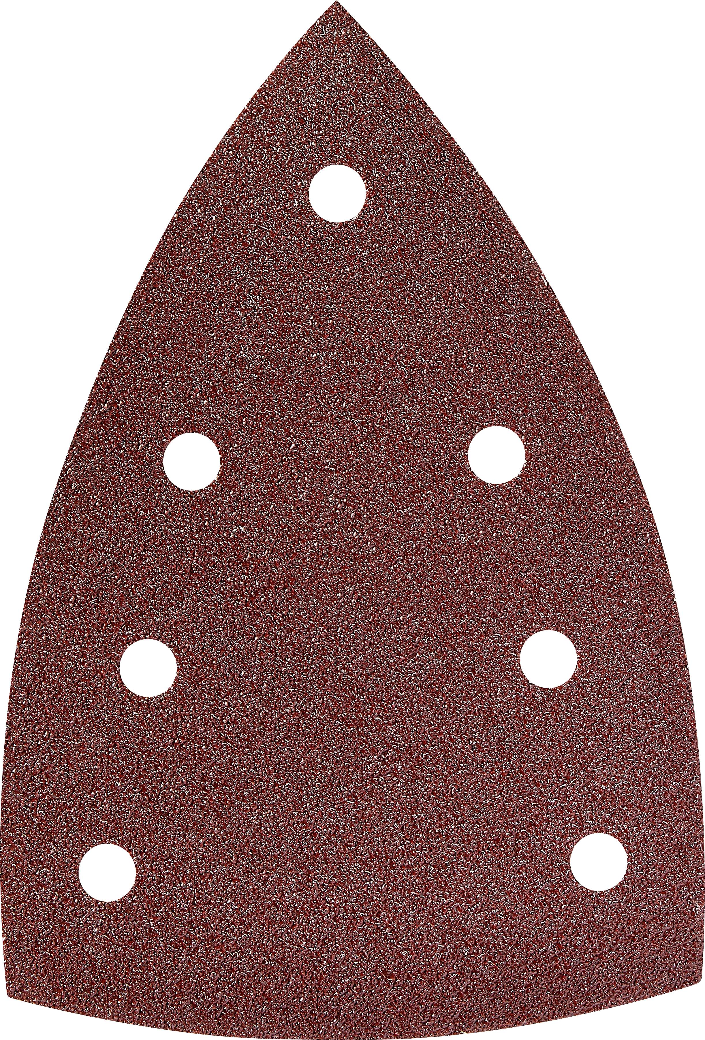 Ein dreieckiges Schleifblatt mit rauer Oberfläche und sechs kreisförmigen Löchern, entworfen für die Verwendung mit einem Detailschleifer, vor einem weißen Hintergrund platziert.