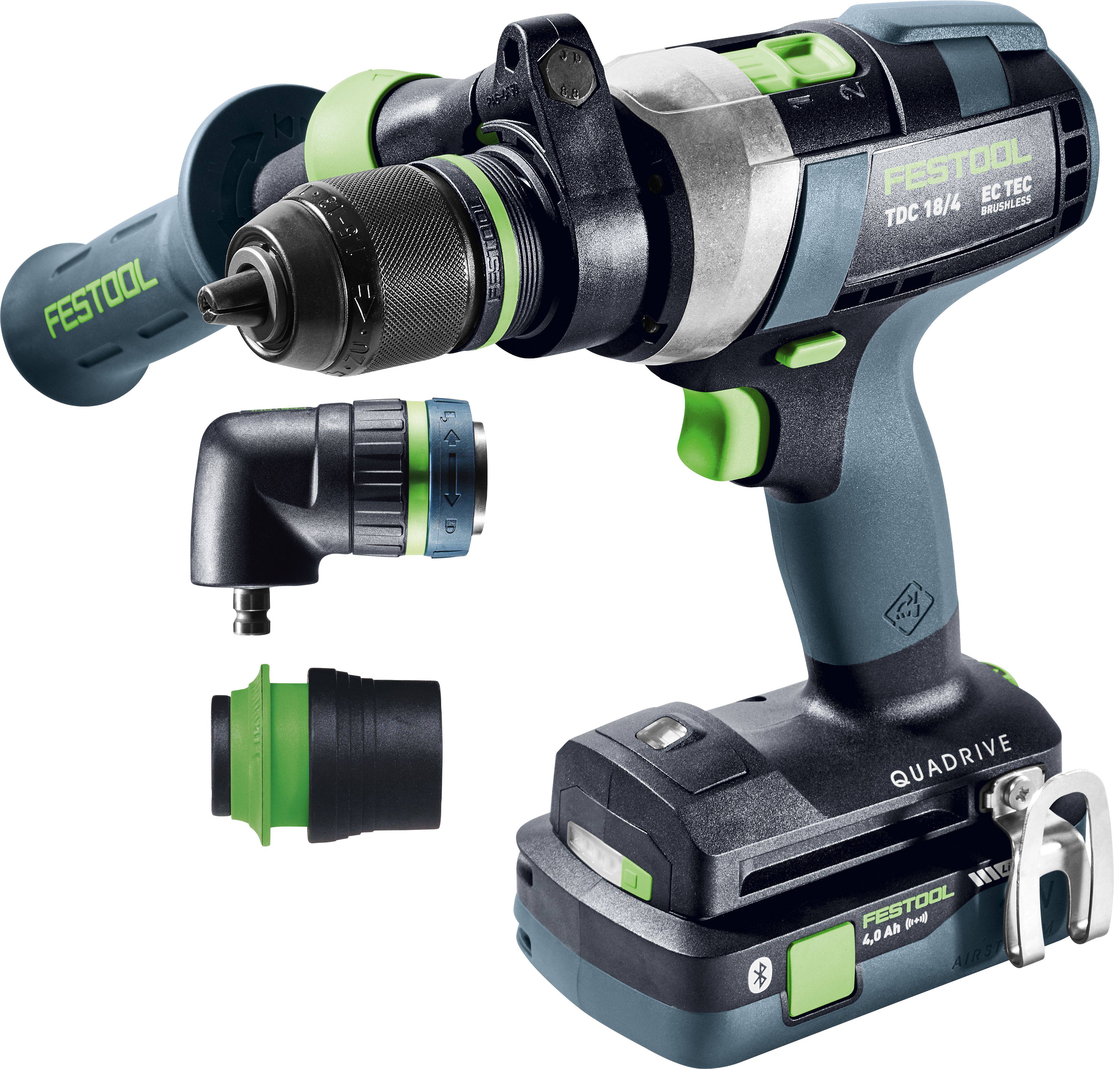 Ein Festool Akku-Bohrschrauber mit austauschbaren Köpfen für verschiedene Bohrwinkel und Tiefen, mit ergonomischem Design für vielseitige Verwendung.