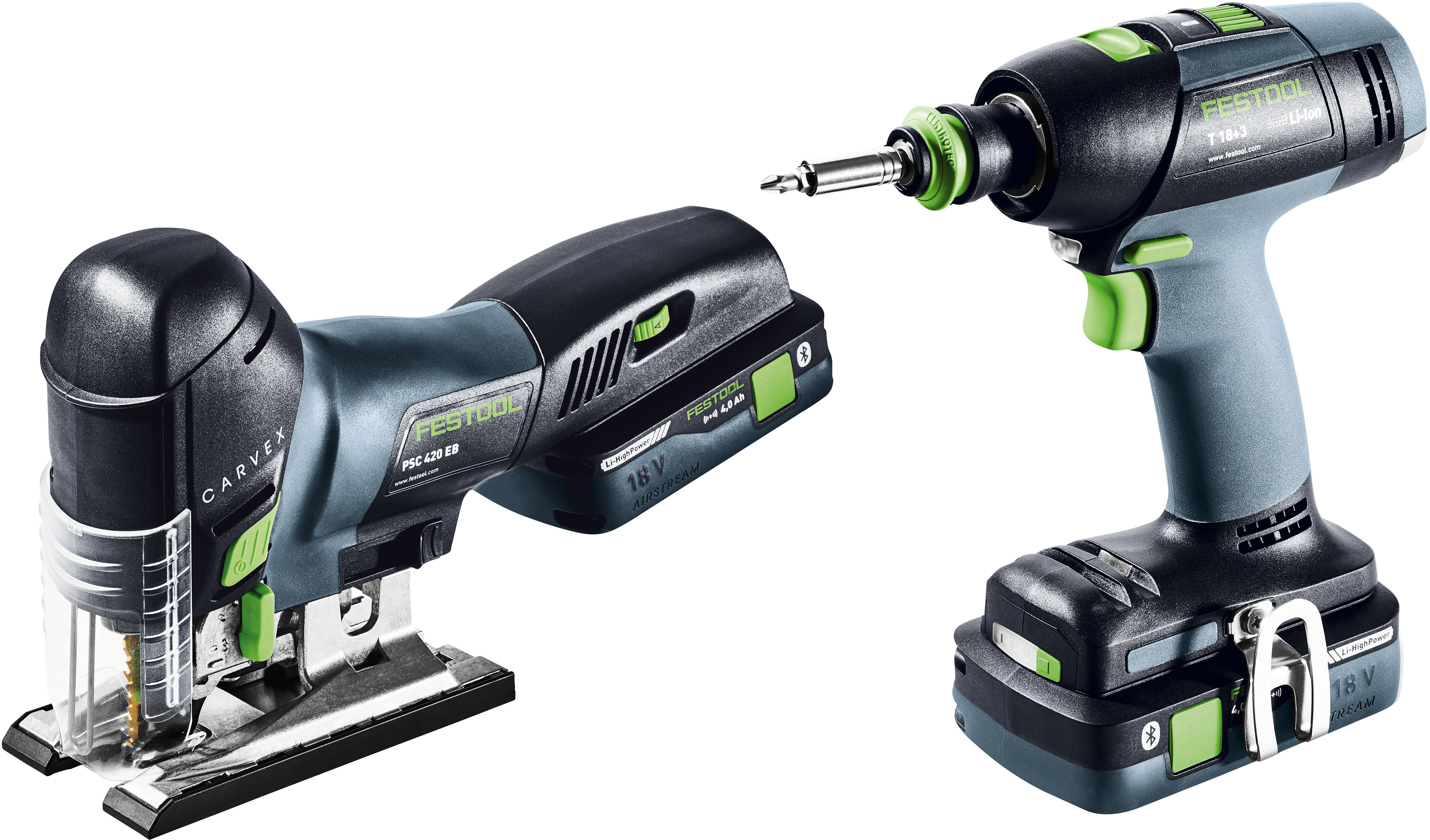 Eine Stichsäge und ein kabelloses Bohrgerät nebeneinander, beide mit schwarzen und grünen Akzenten, die Werkzeuge zum Schneiden und Befestigen von Aufgaben zeigen.