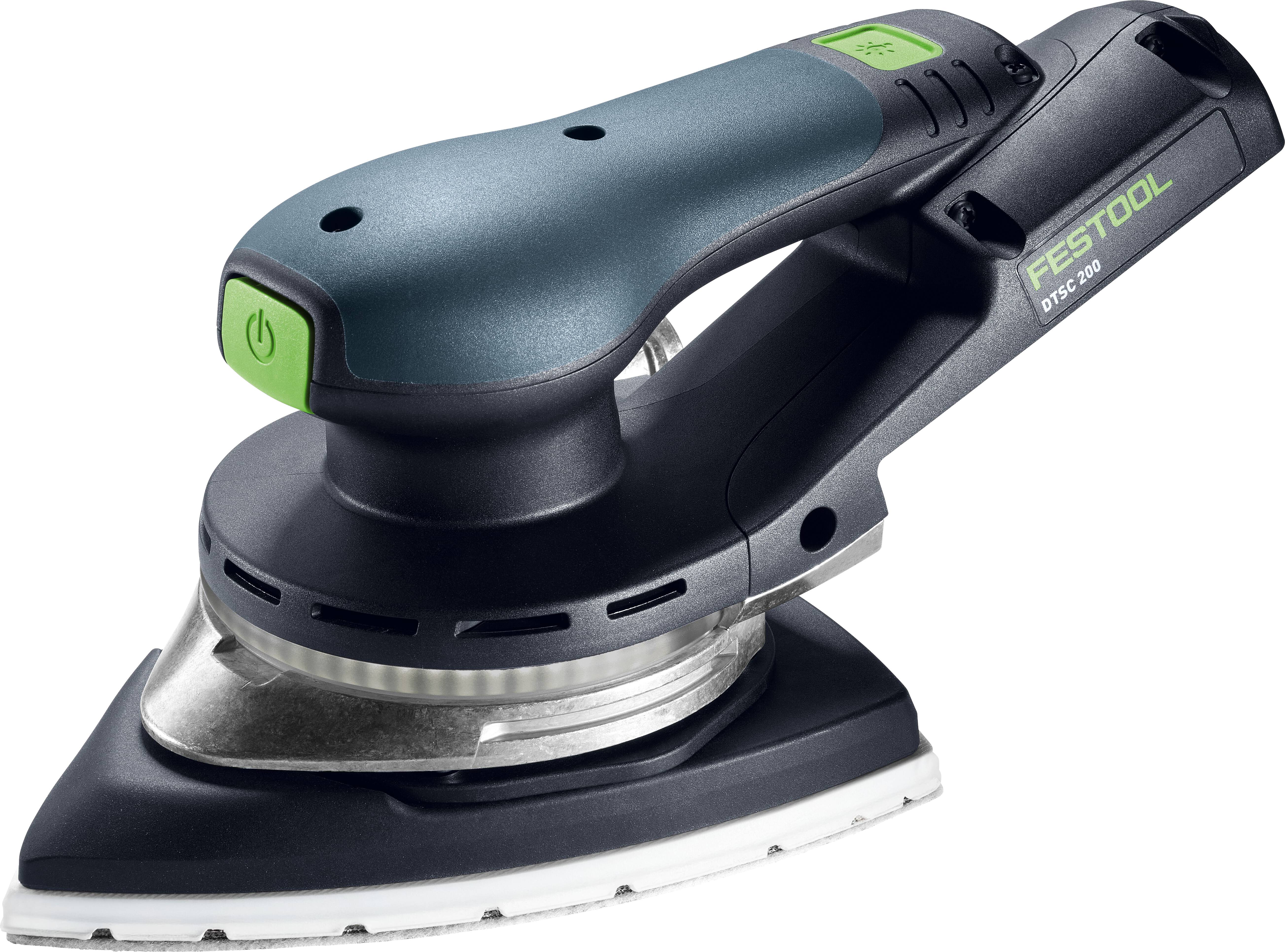 Ein schwarzer und grüner tragbarer elektrischer Schleiffer mit dreieckigem Schleifpad, mit ergonomischem Design und Steuerknöpfen am Griff.