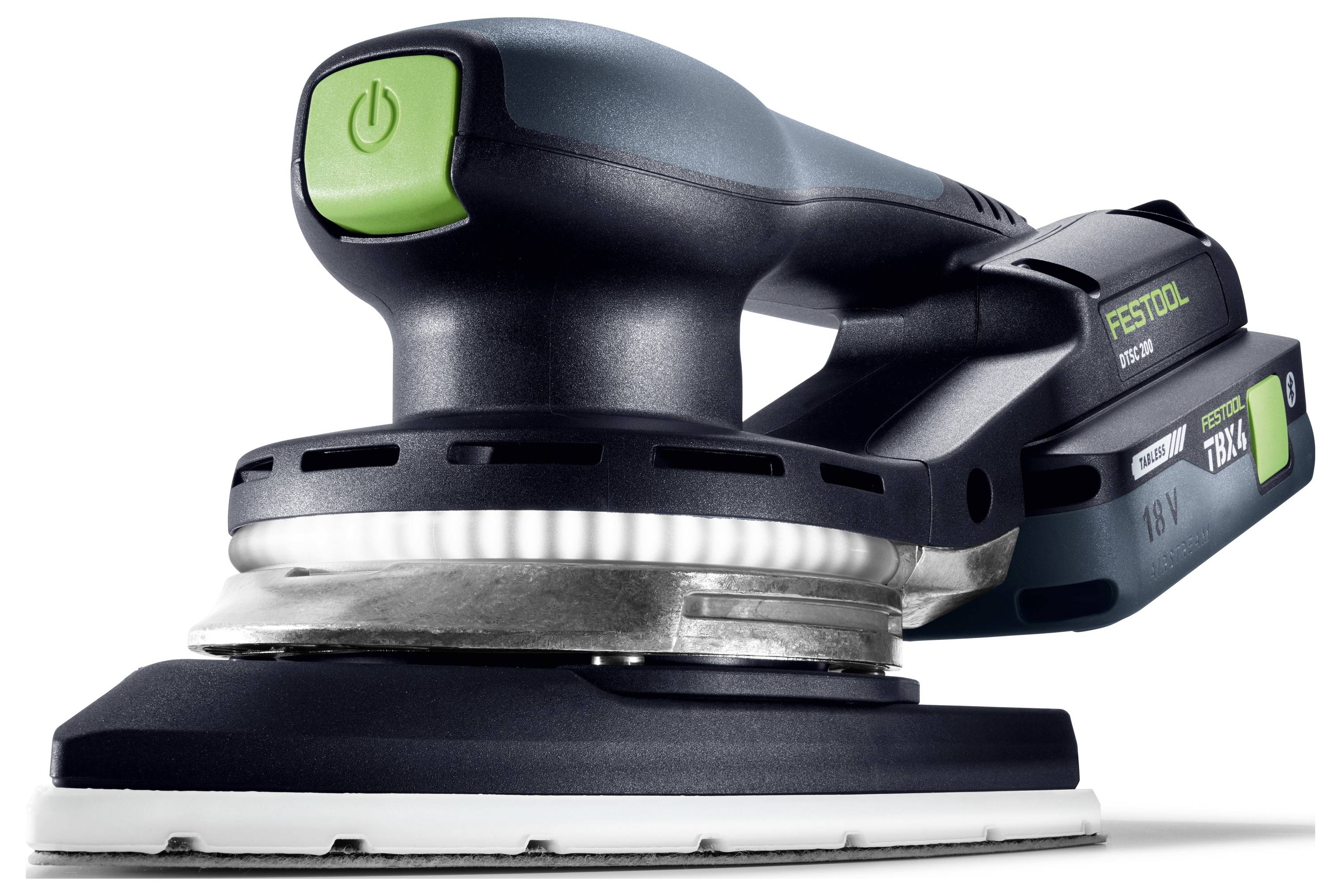 „Eine Nahaufnahme eines tragbaren Elektroschleifers mit einem grünen Ein-/Ausschalter. Das Modell ist auf der Seite als Festool RTSC 400, 18V gekennzeichnet.