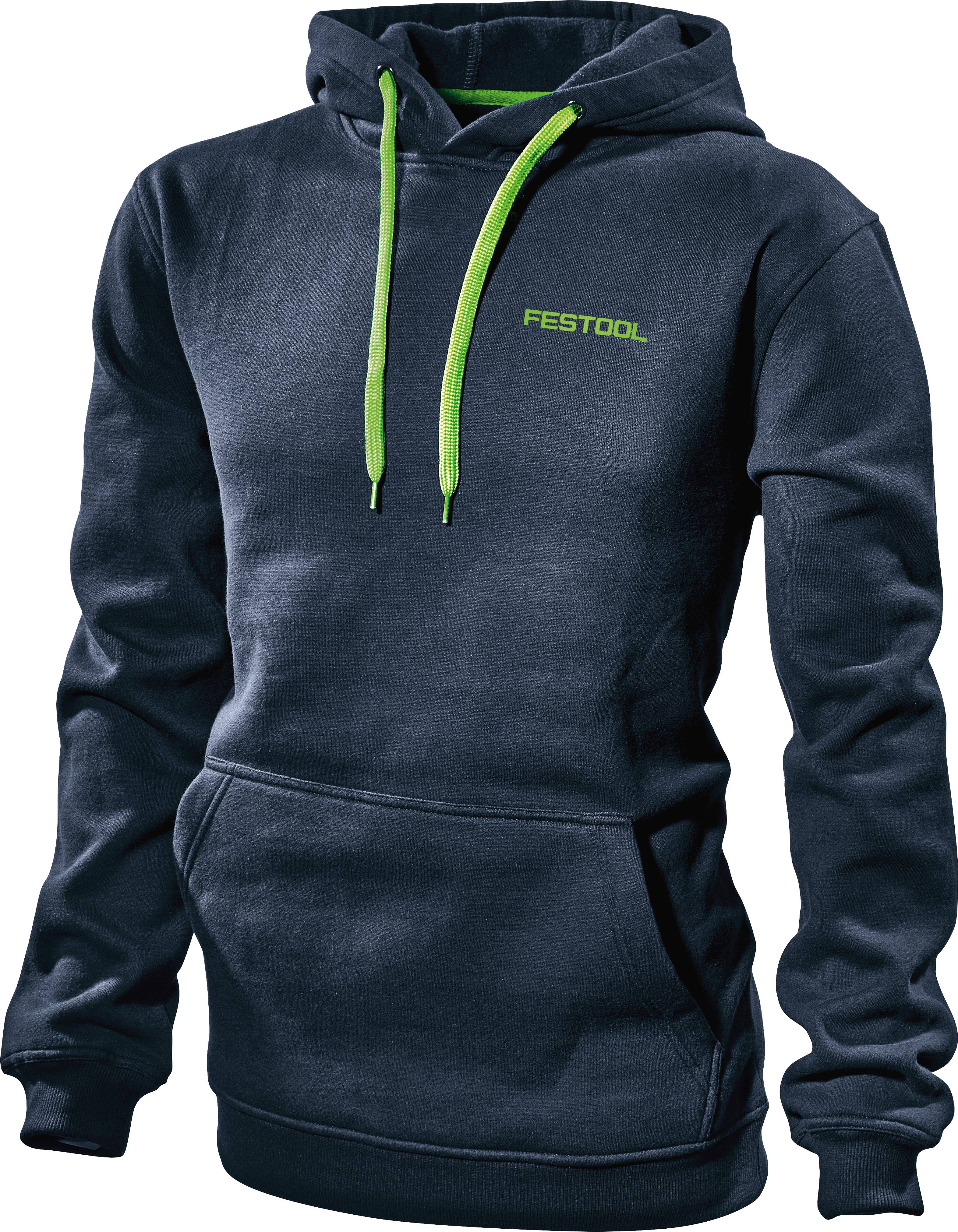 Ein marineblauer Hoodie mit grünen Kordelzügen und dem Wort „Festool