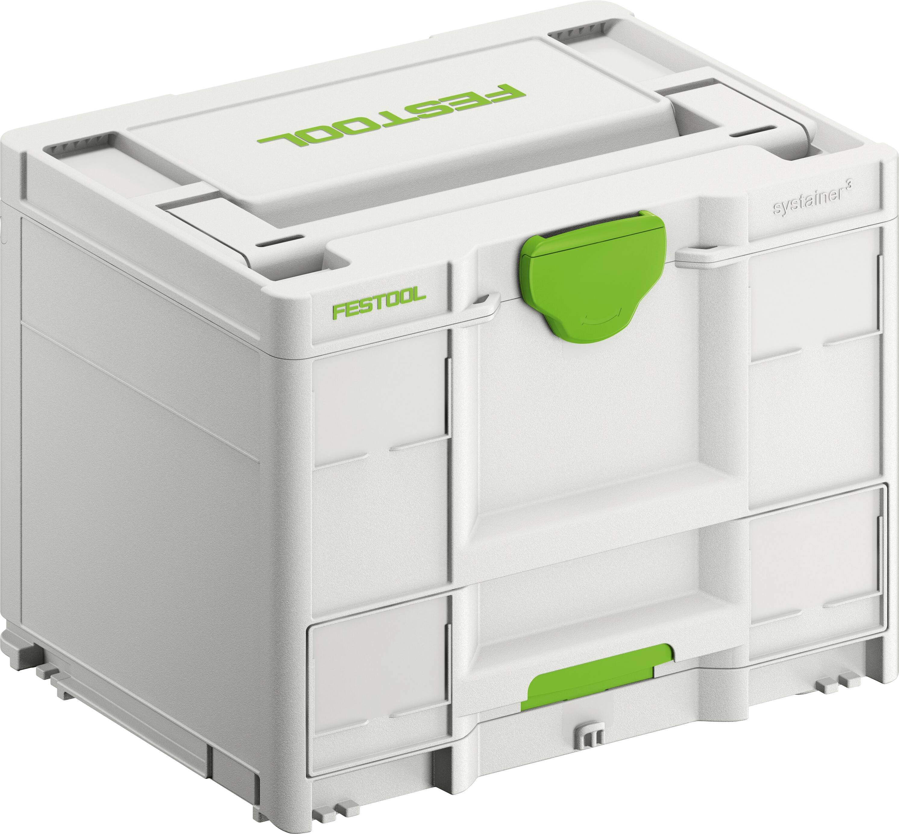 Eine weiß-grüne Festool Systainer Lagerkiste, konzipiert zum Organisieren und Transportieren von Werkzeugen. Der Deckel verfügt über einen Griff zum Tragen.