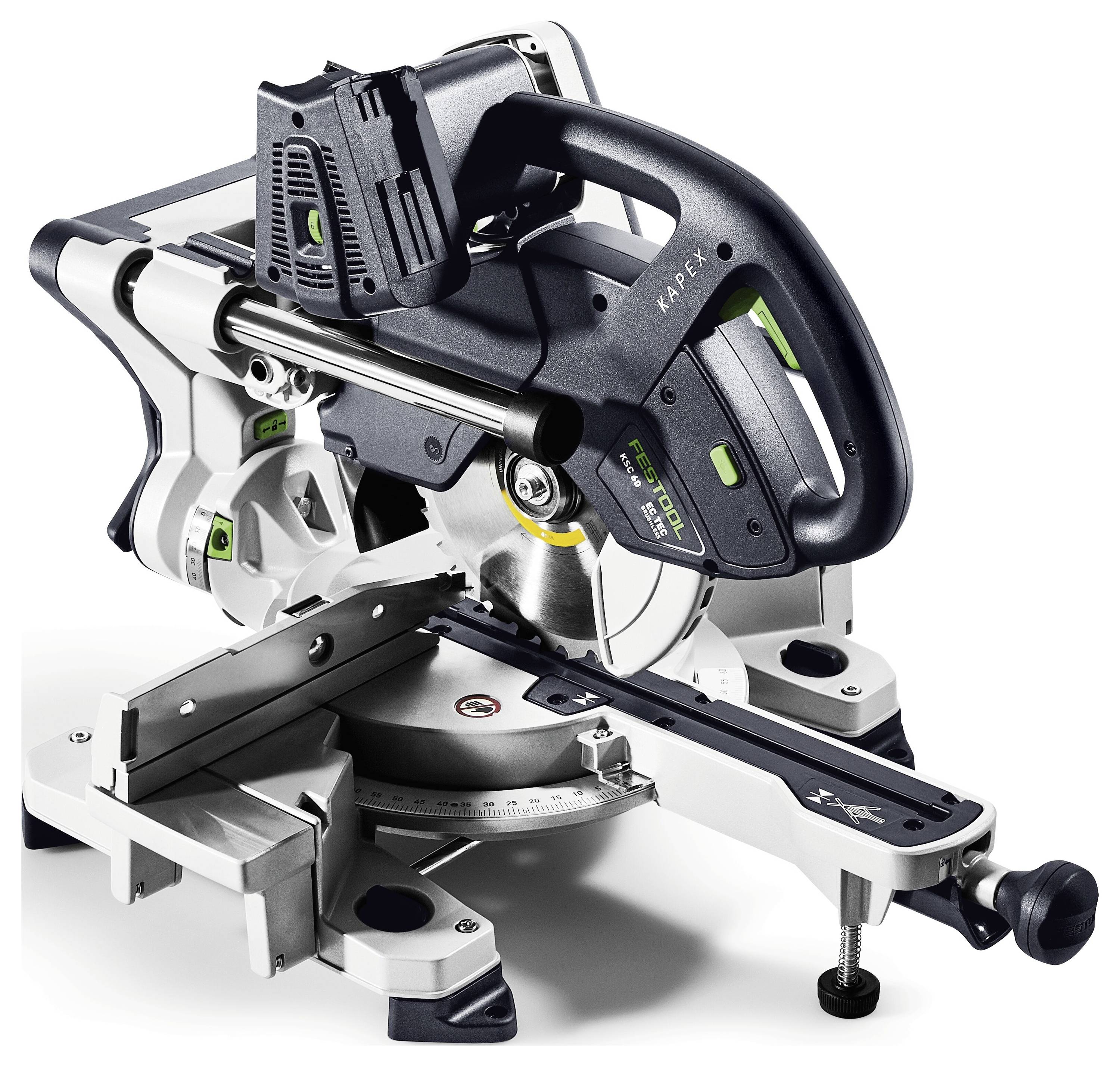 Eine schwarzsilberne Elektro-Gehrungssäge mit Laserführung und verstellbarem Arm, entwickelt für präzises Holzzuschneiden.