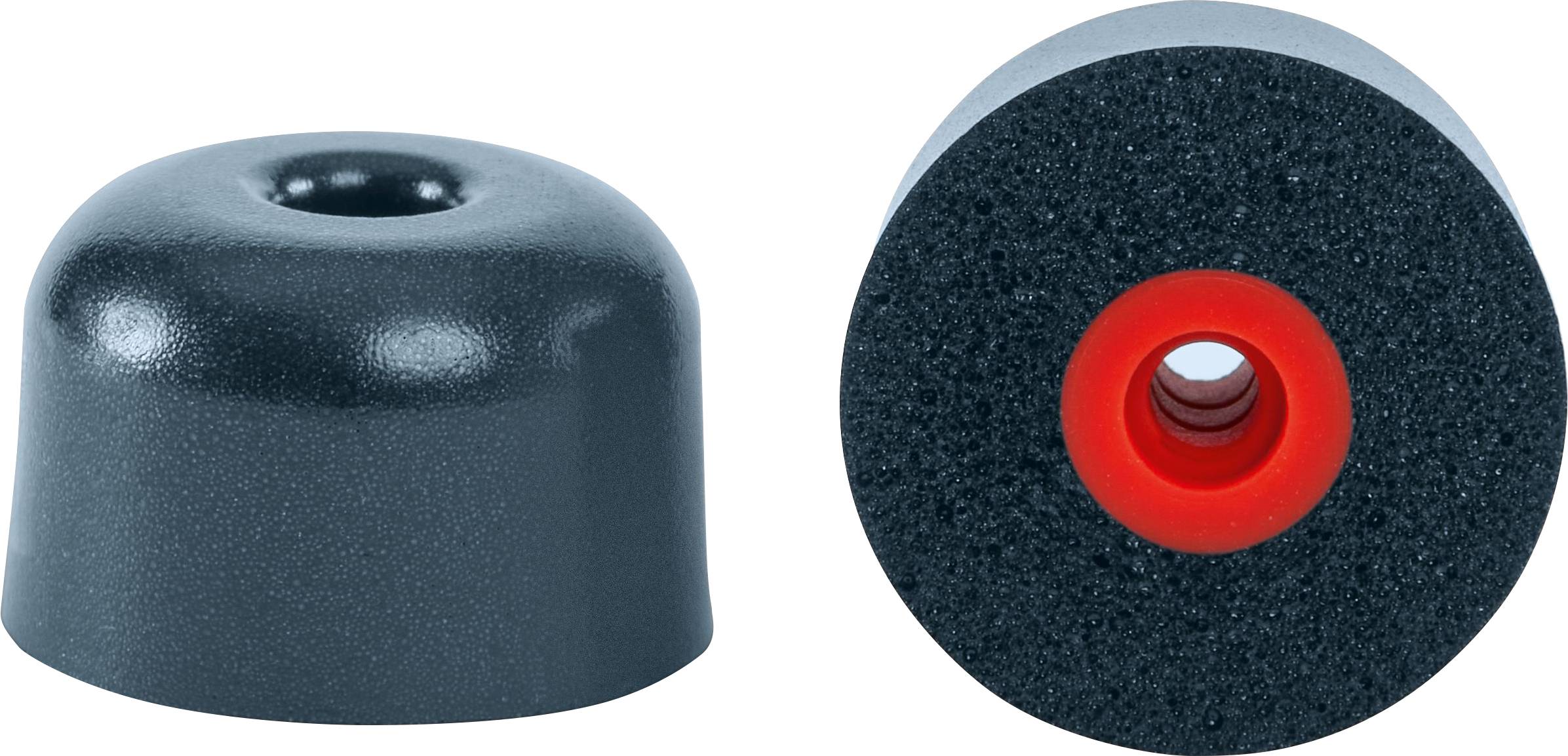 Zwei schwarze Gummipuffer mit rotem Kern; einer zeigt die Draufsicht als Kuppelform, der andere zeigt die Unterseite mit sichtbarem rotem Mittelpunkt.