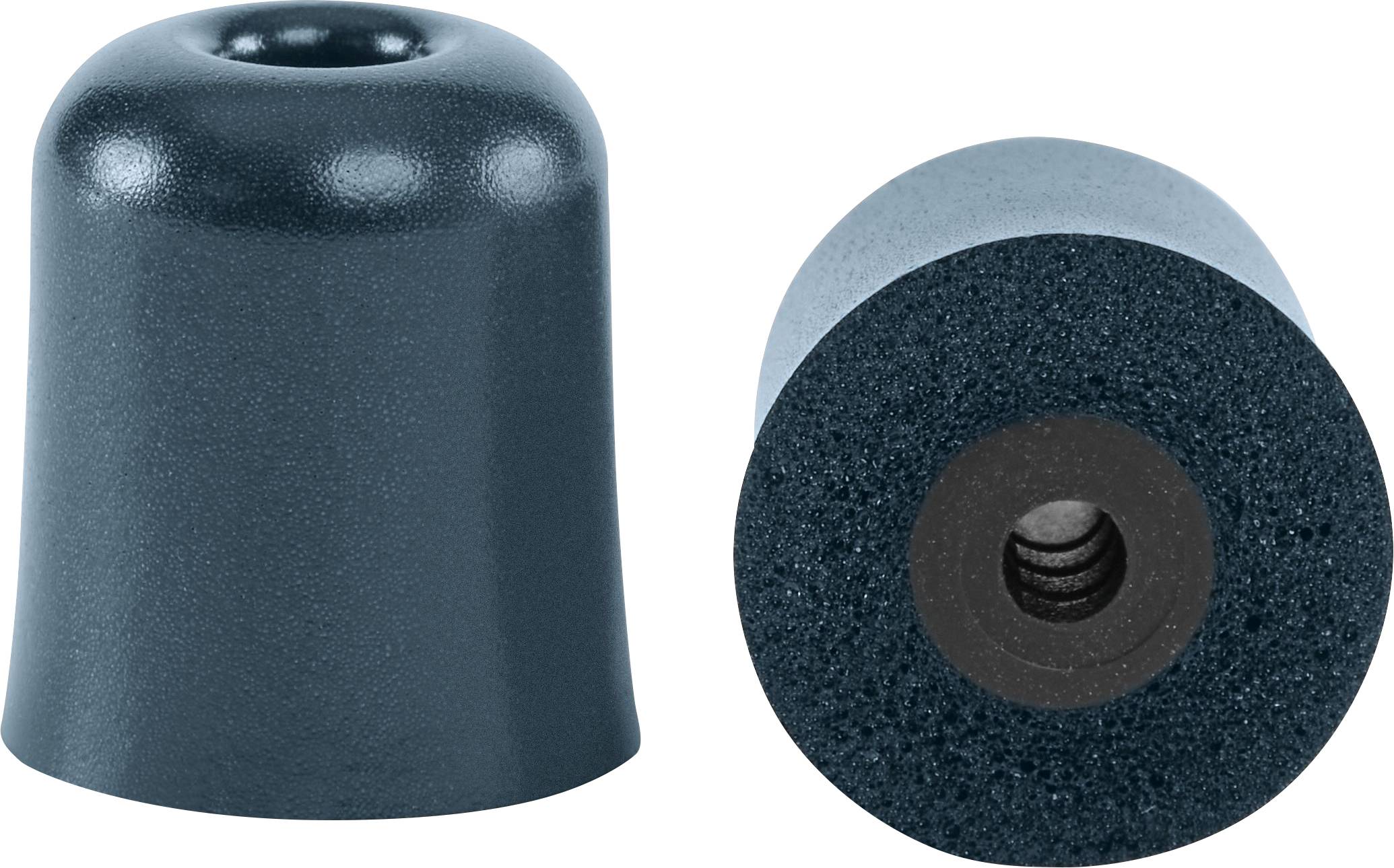 Zwei schwarze Gummi-Gehilfenkappen werden gezeigt, eine aufrecht und die andere auf ihrer Seite, wobei die strukturierte Unterseite und die hohle Mitte sichtbar sind.