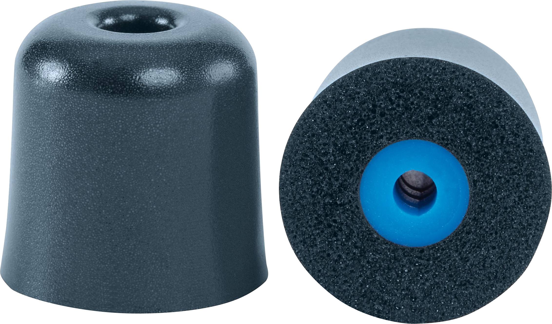 Zwei schwarze Gummiendkappen, eine hohl und offenseitig mit einem blauen Innenbereich, die andere unversehrt und abgerundet, nebeneinander.