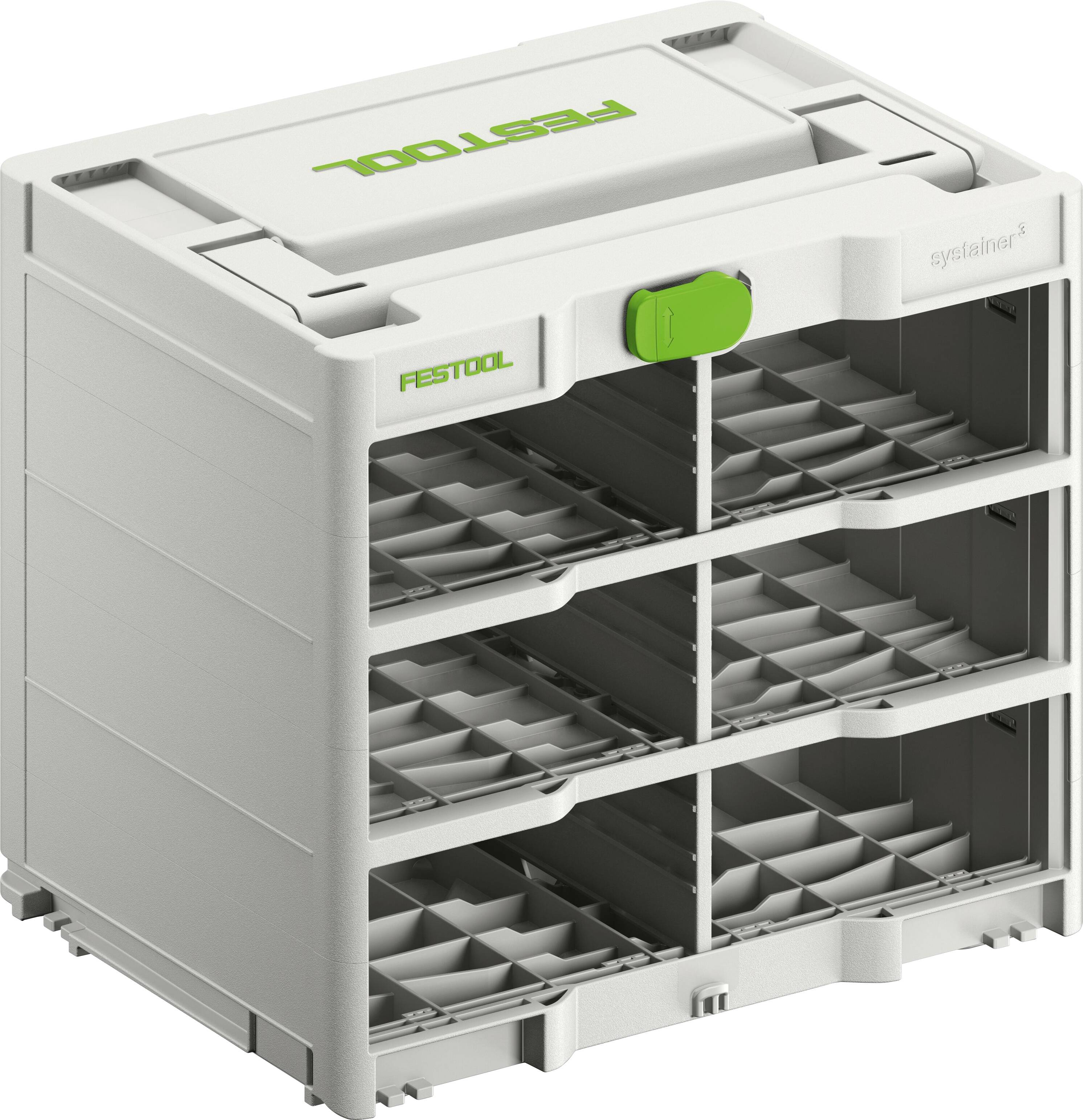 Ein modulares Lagersystem mit sechs Fächern, jedes mit verstellbaren Trennwänden, das zum Organisieren von Werkzeugen und Zubehör verwendet wird.