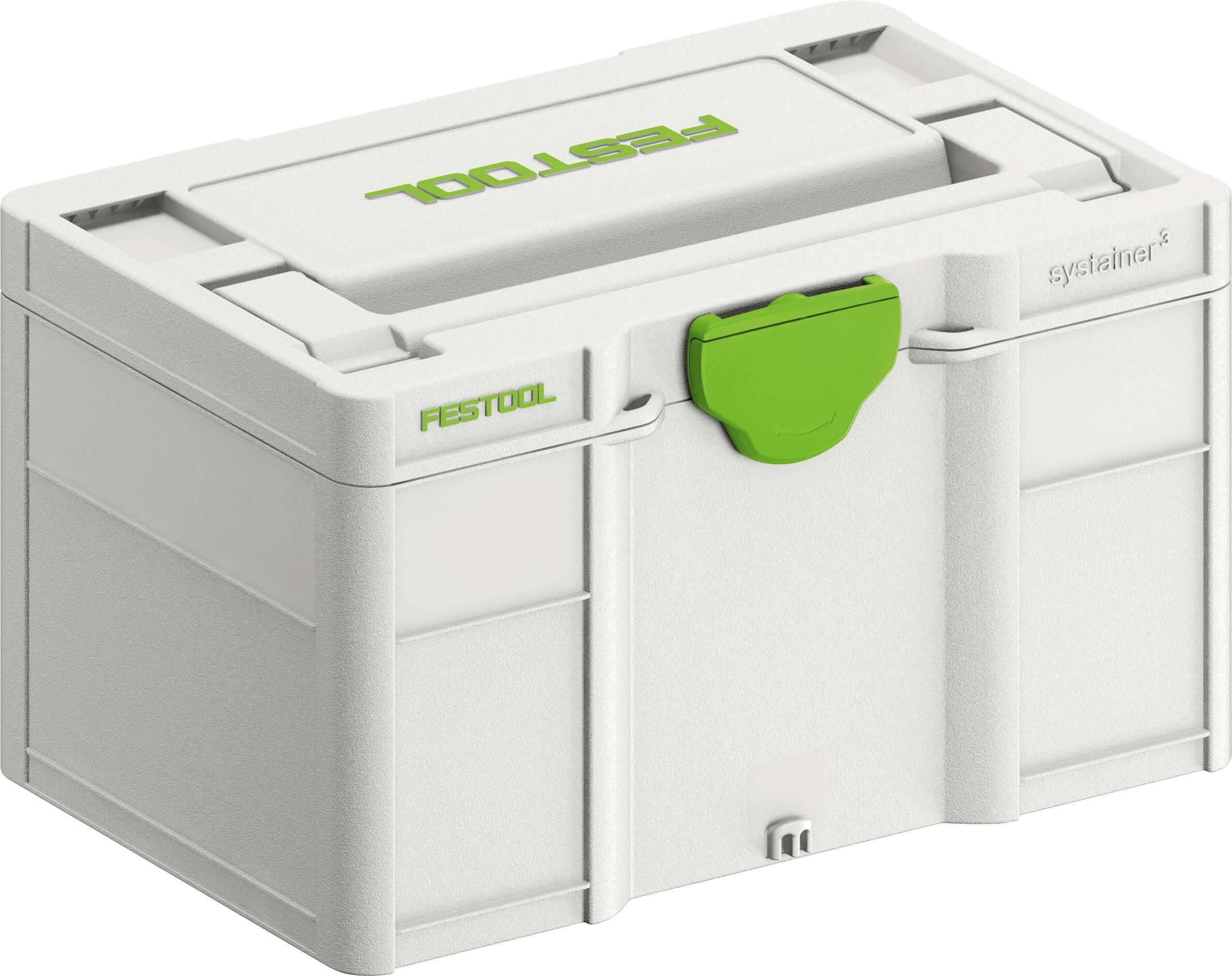 Eine stapelbare weiße Werkzeugaufbewahrungsbox mit grünem Riegel, beschriftet mit „FESTOOL