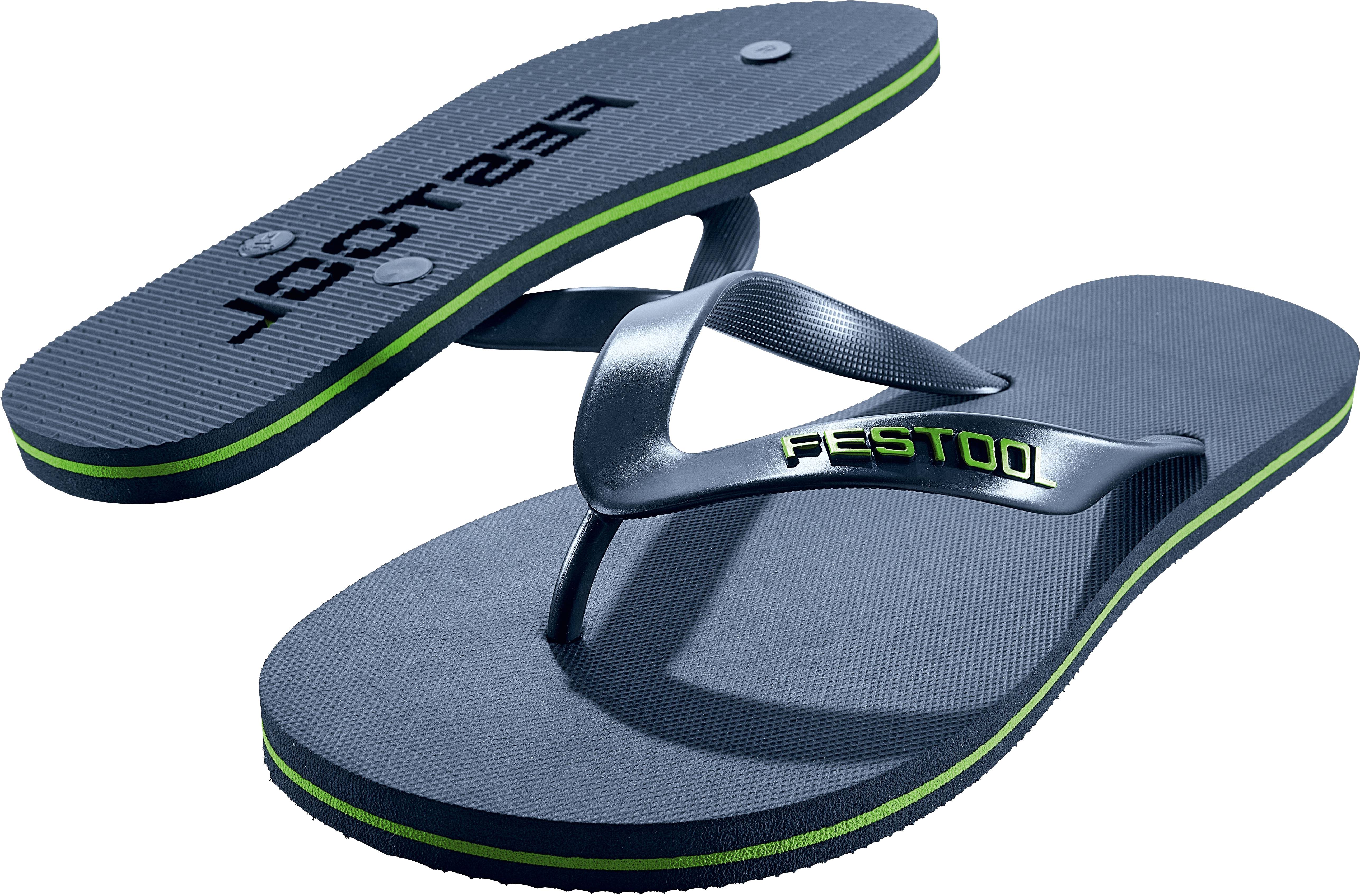 Ein Paar dunkelgraue Flip-Flops mit einem grünen Streifen und dem Wort „FESTOOL