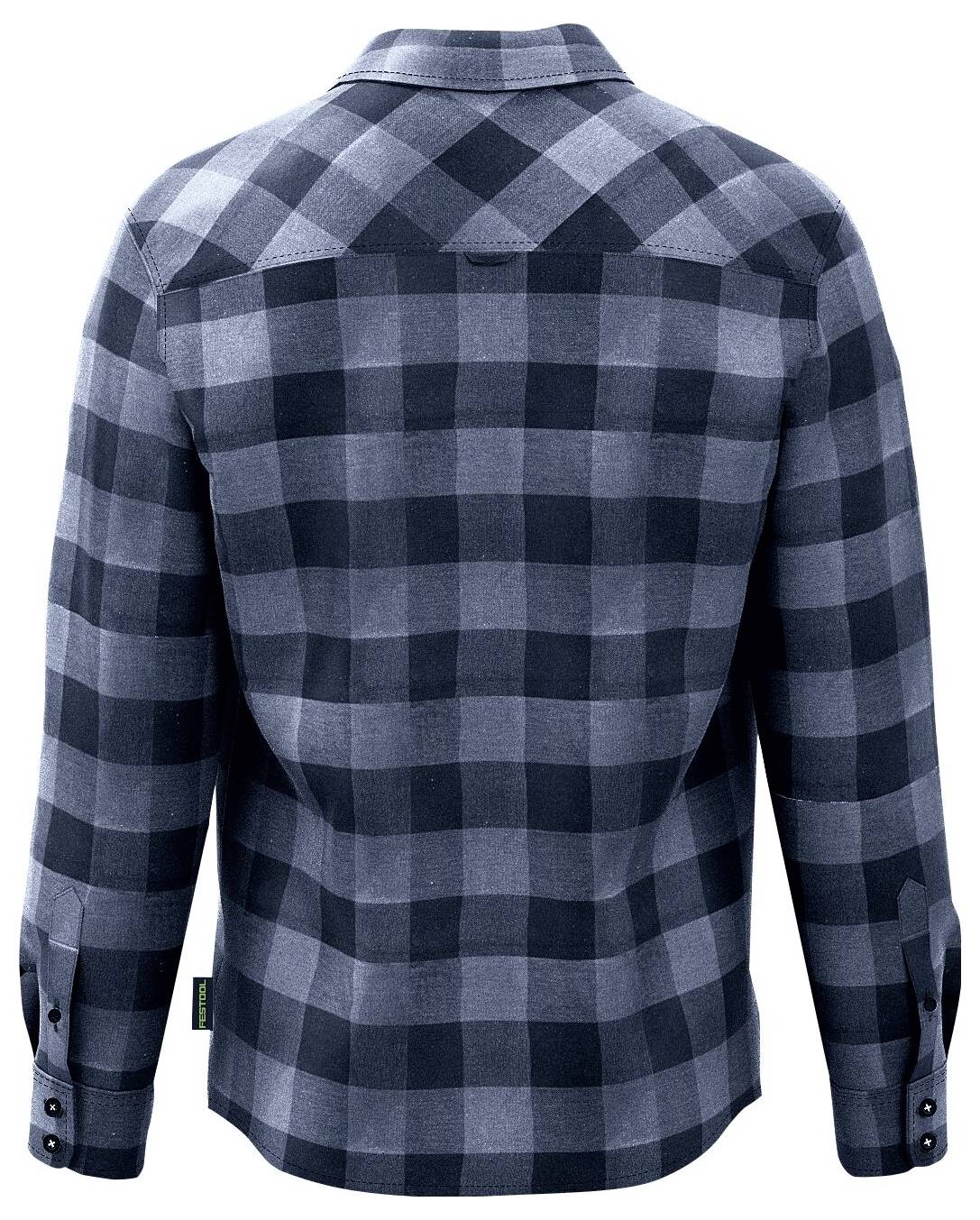 Ein blau-schwarz kariertes Langarmhemd, von hinten gezeigt, mit klassischem Kragen und Knopfmanschetten.