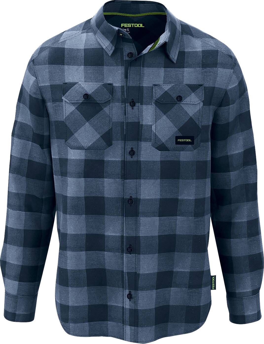 Ein blau und schwarz kariertes Langarmhemd mit zwei Brusttaschen und 