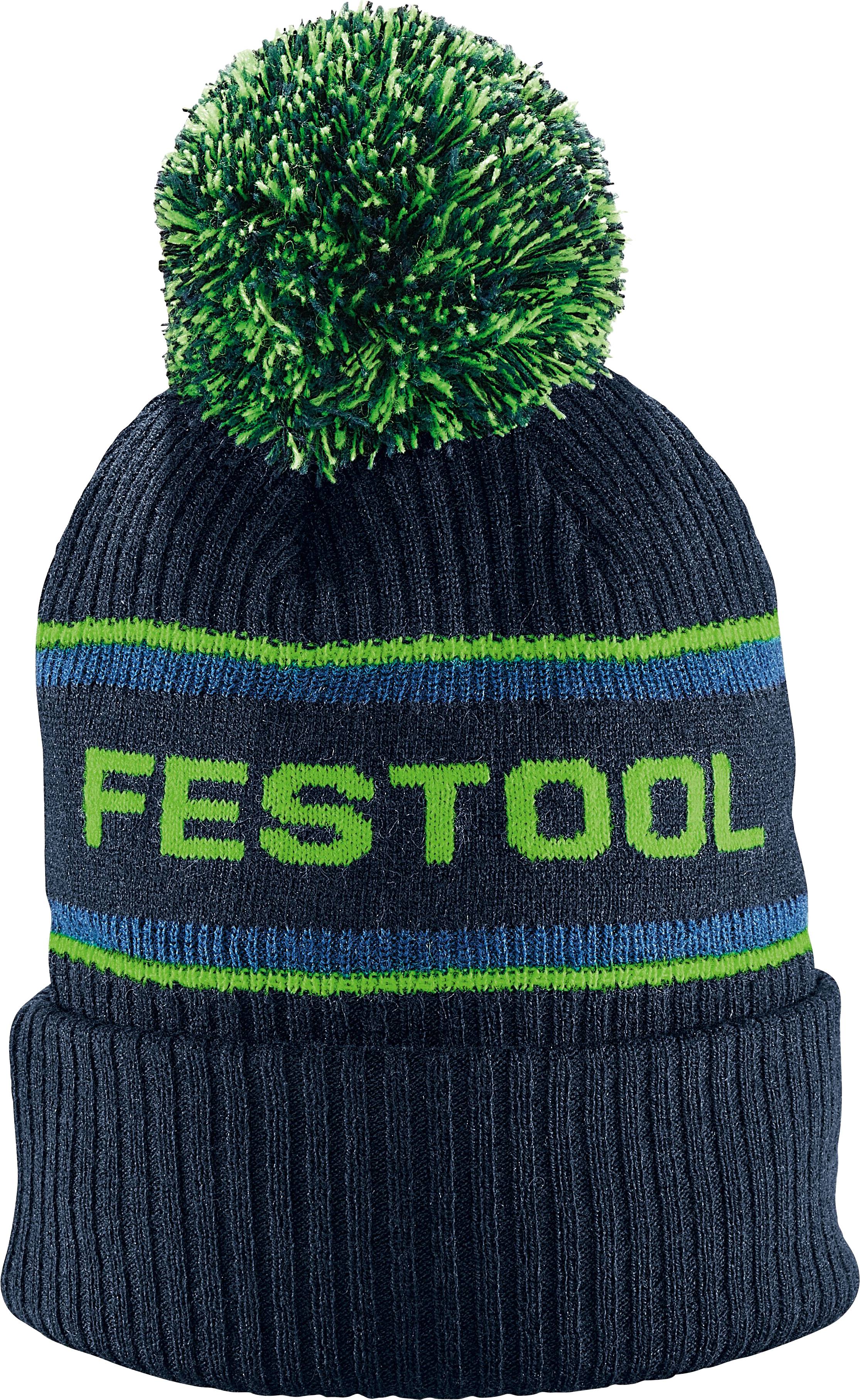 Eine marineblau gestrickte Mütze mit grünen und blauen Streifen und dem Wort „FESTOOL