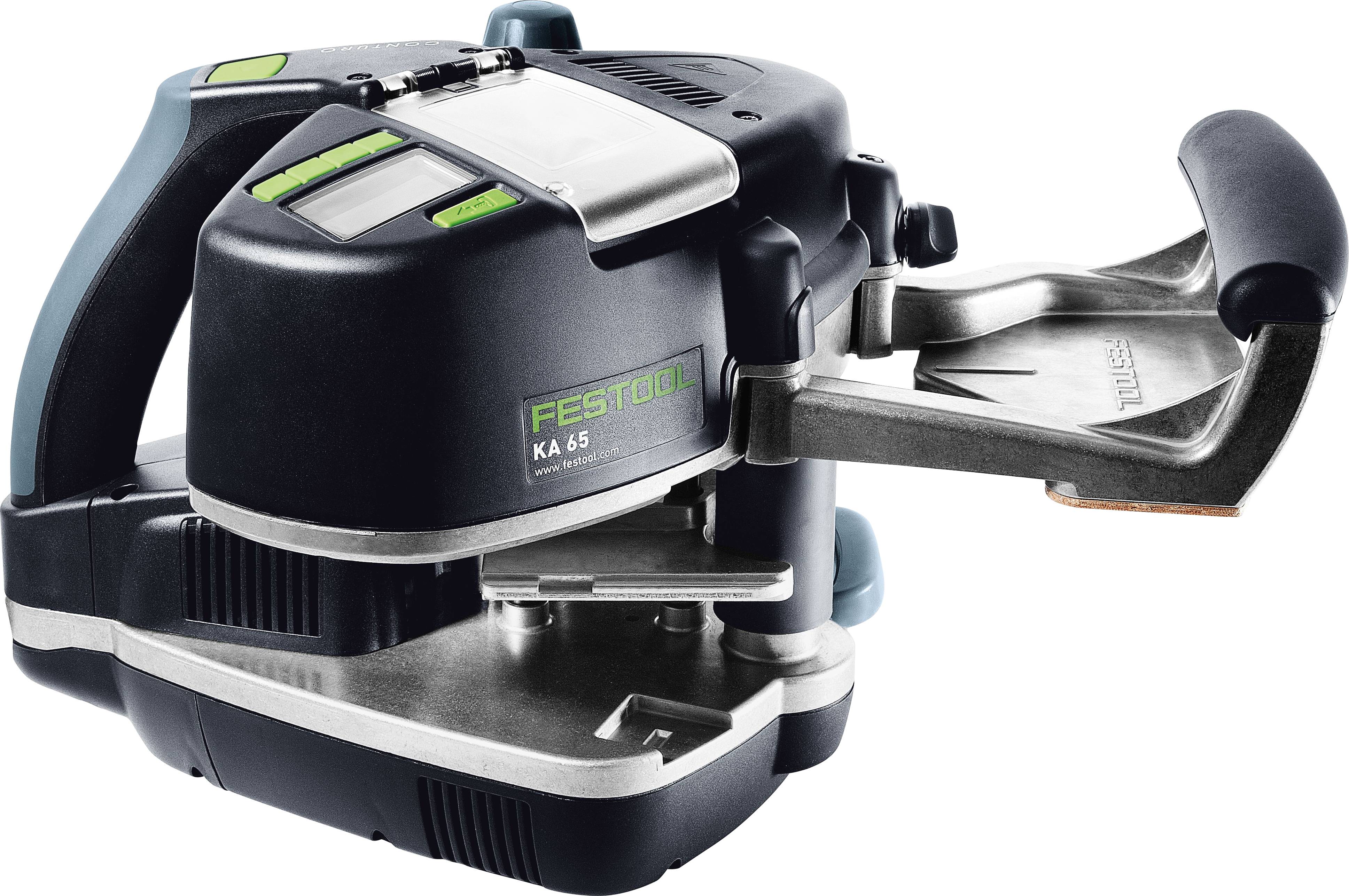 Festool KA 65 Kantenanleimer in Schwarz und Silber mit ergonomischem Design, bestehend aus Griff, Bedienfeld und metallischer Anleimschiene.