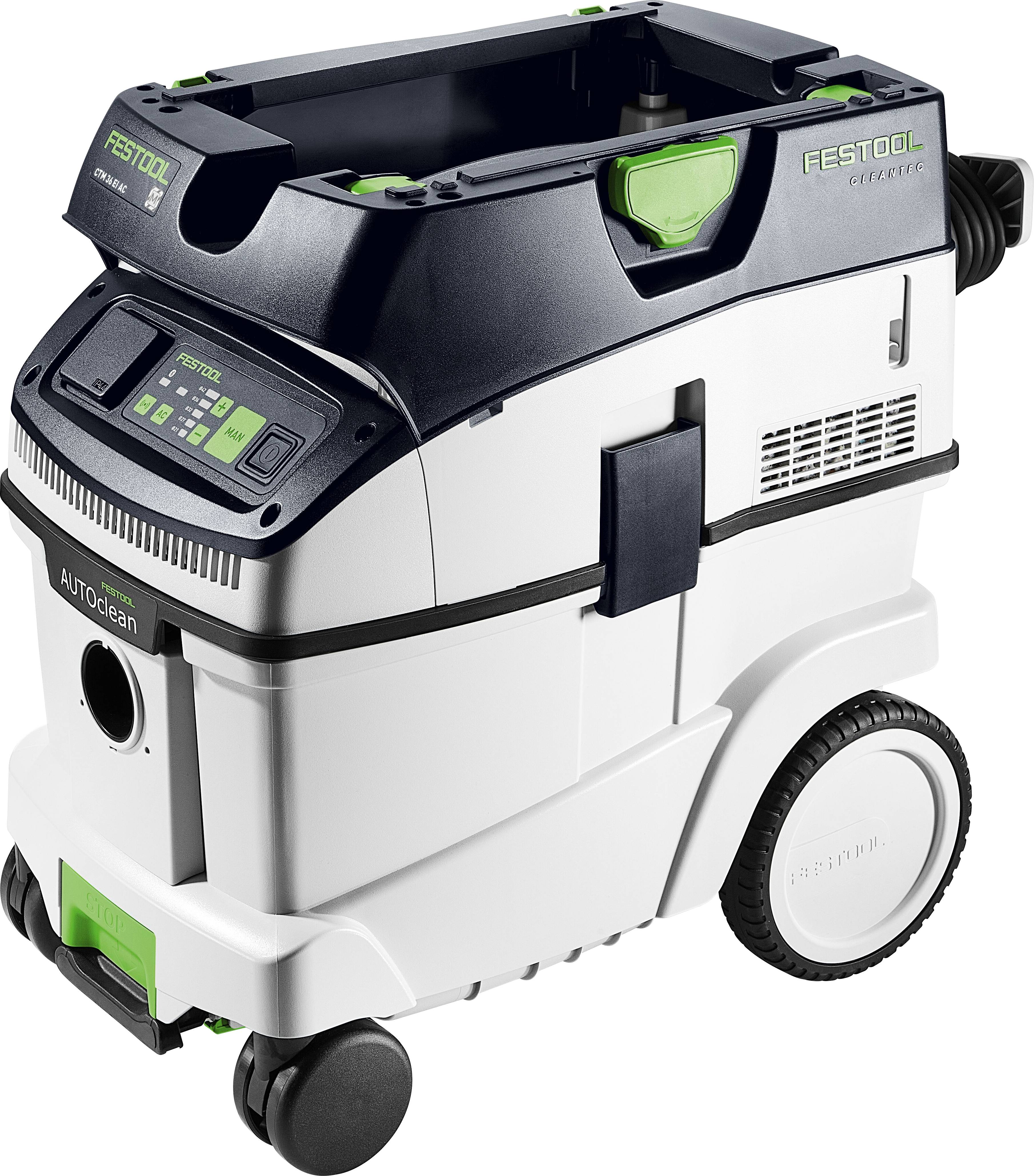 Festool-Staubsauger auf Rädern mit digitaler Anzeige und grünen Akzenten; konzipiert für den professionellen Einsatz mit kompaktem, mobilem Gehäuse.