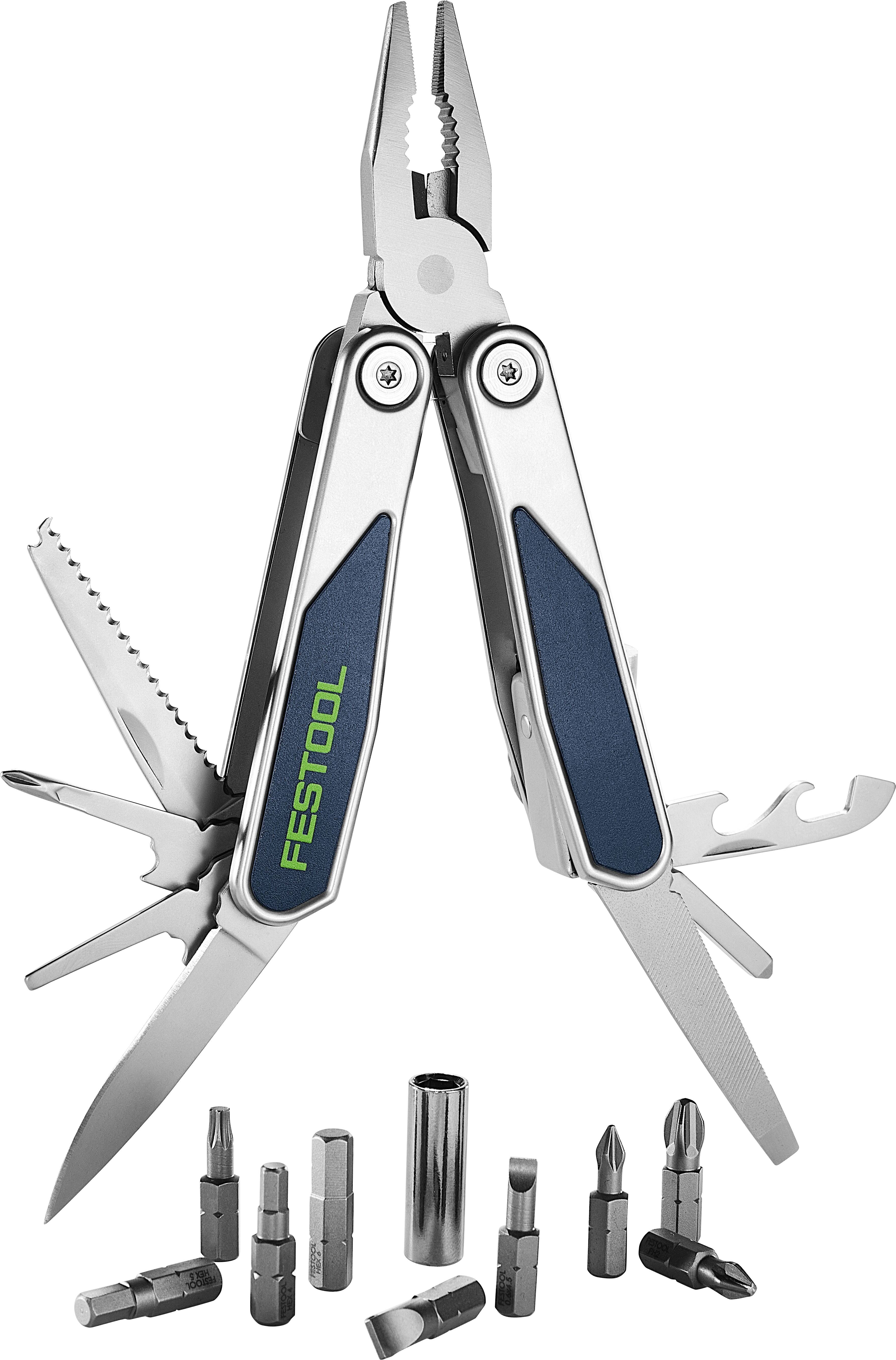 Ein multifunktionales Werkzeug mit Zange, Messer, Säge, Schraubendreher und verschiedenen Aufsätzen, ideal für vielseitige Reparaturen und Aufgaben.