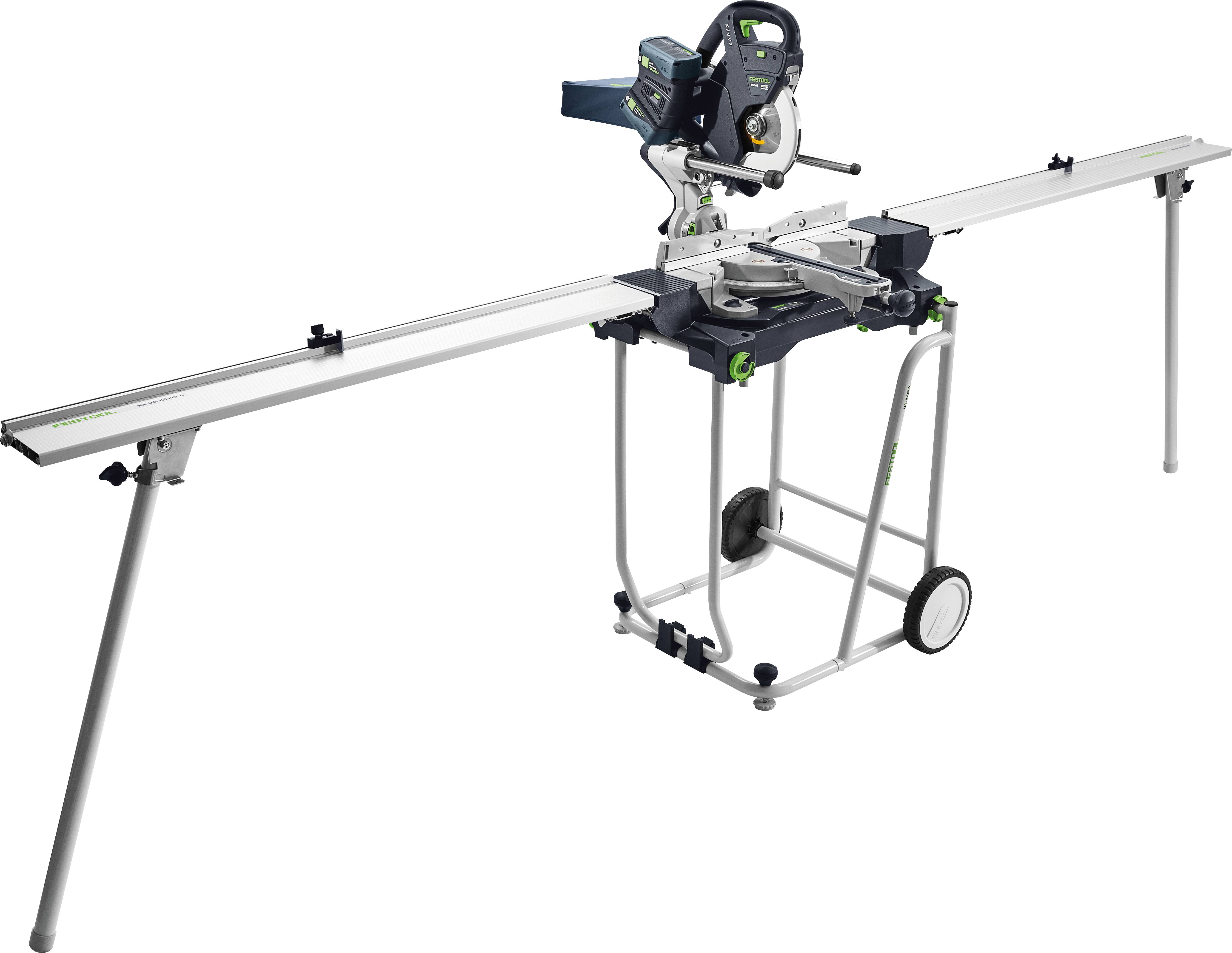 Eine Gehrungssäge auf einem tragbaren Gestell mit Rollen, ausgestattet mit einer erweiterten Stützschiene zum Schneiden von langen Materialien, geeignet für Holzbearbeitungsaufgaben.