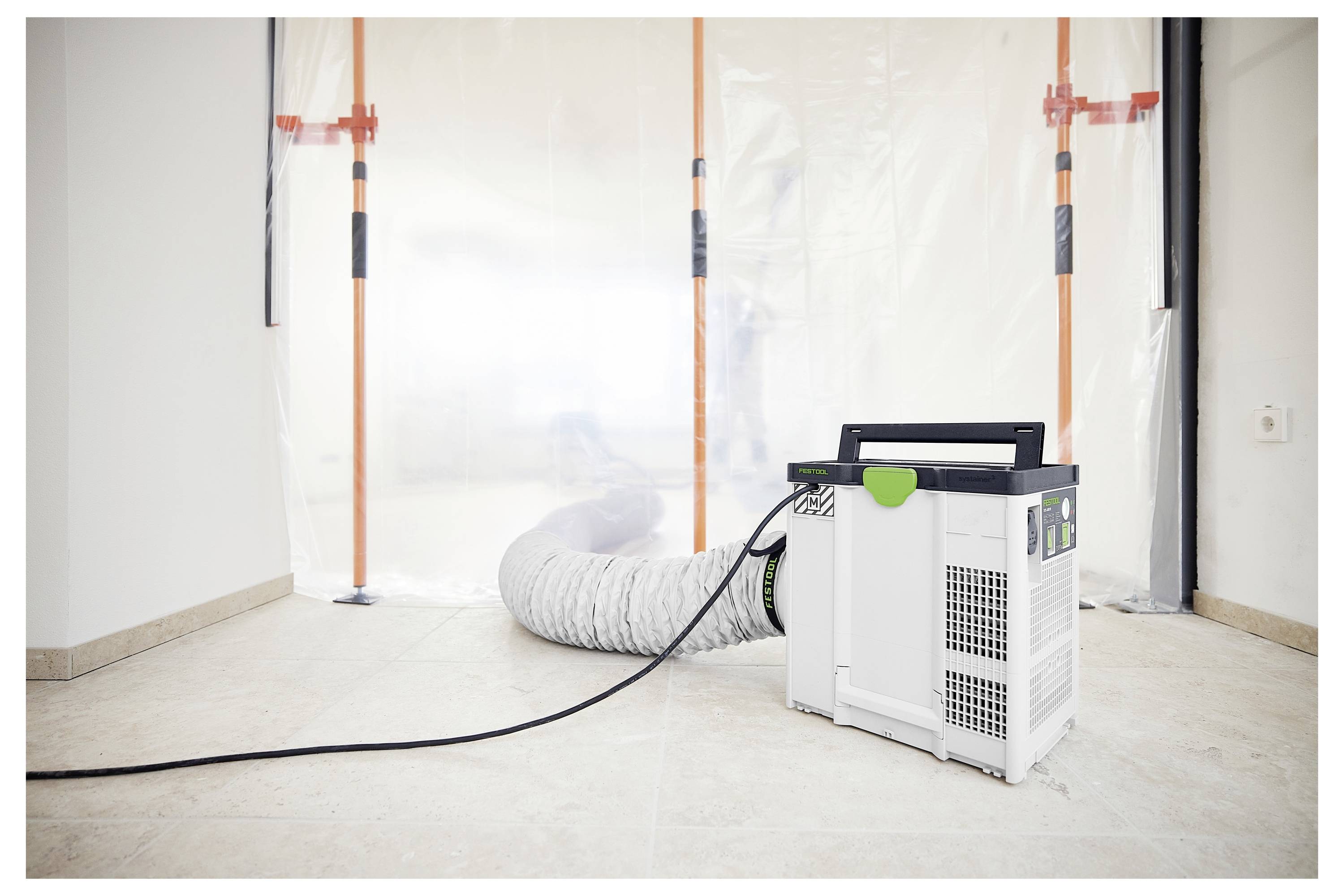 Festool Planex Easy LHS-E 225 EQ Trockenbau-Schleifer mit ausziehbarem Griff und Tragetasche, hauptsächlich zum Schleifen von Decken und Wänden geeignet.